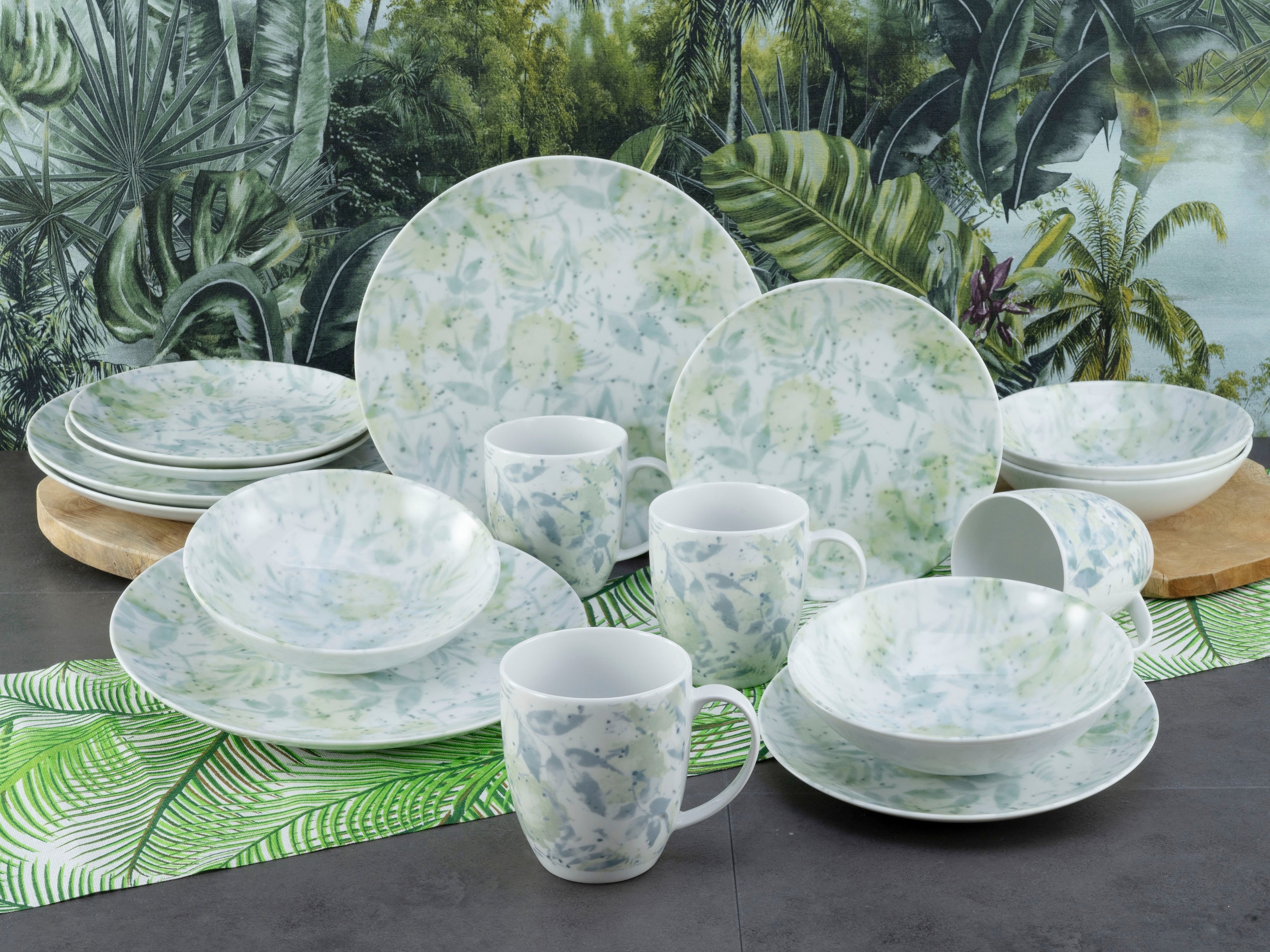 CreaTable Kombiservice »Geschirr-Set Home - Tropical«, (Set, 16 tlg., Kaffeeservice und Tafelservice im Set, für 4 Personen), Service, im Used-und Vintage-Look, 16 Teile, für 4 Personen