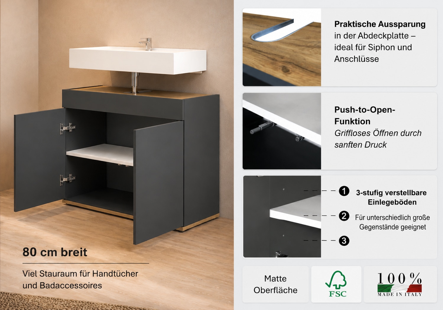 welltime Waschbeckenunterschrank »Garda« 1 Stk. tlg. Made in Italy, viel Stauraum , WBU