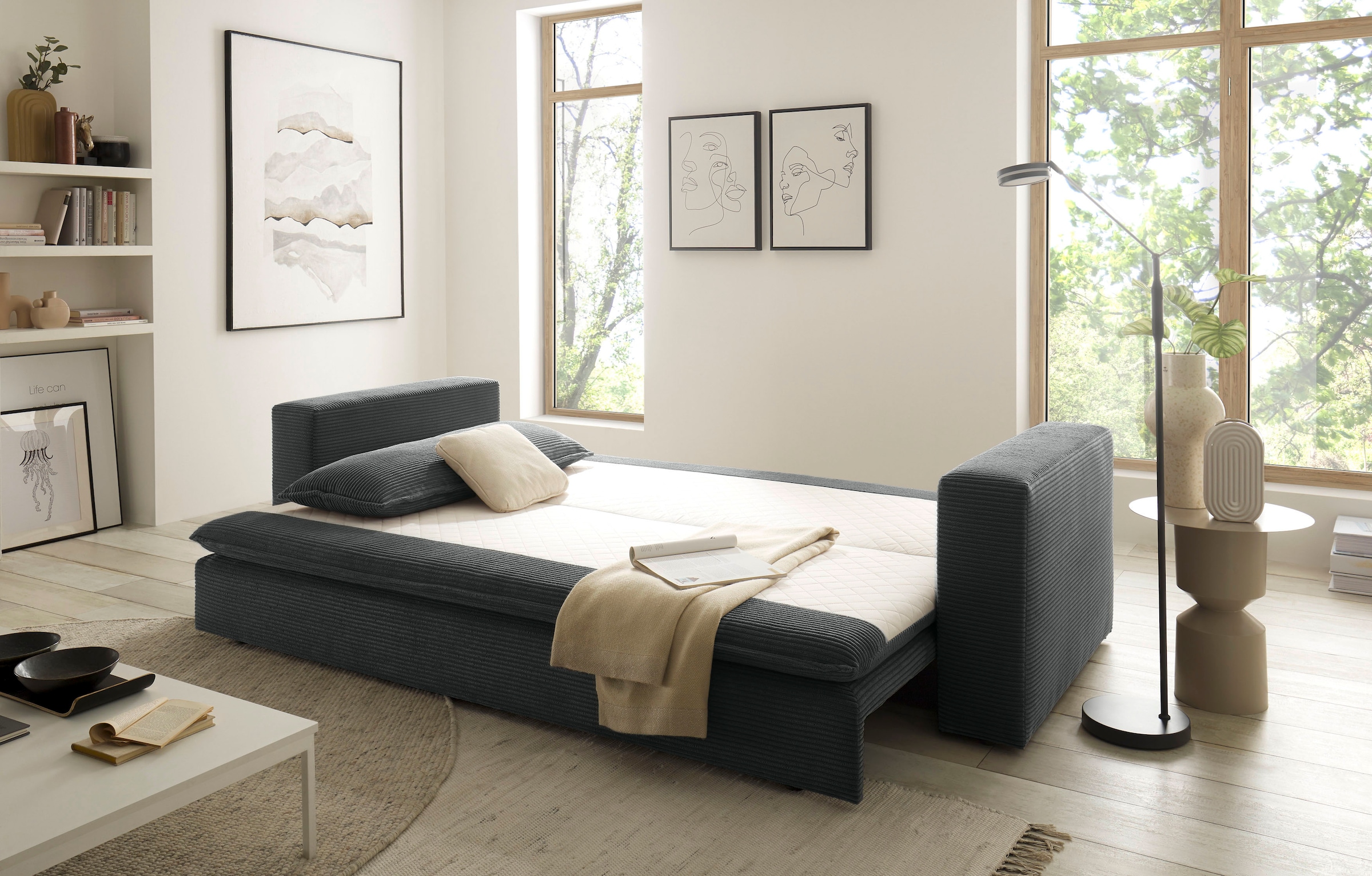 Places of Style 3-Sitzer »PIAGGE«, Cord-Bezug - mit Bettfunktion und Bettkasten, mit praktischem Topper
