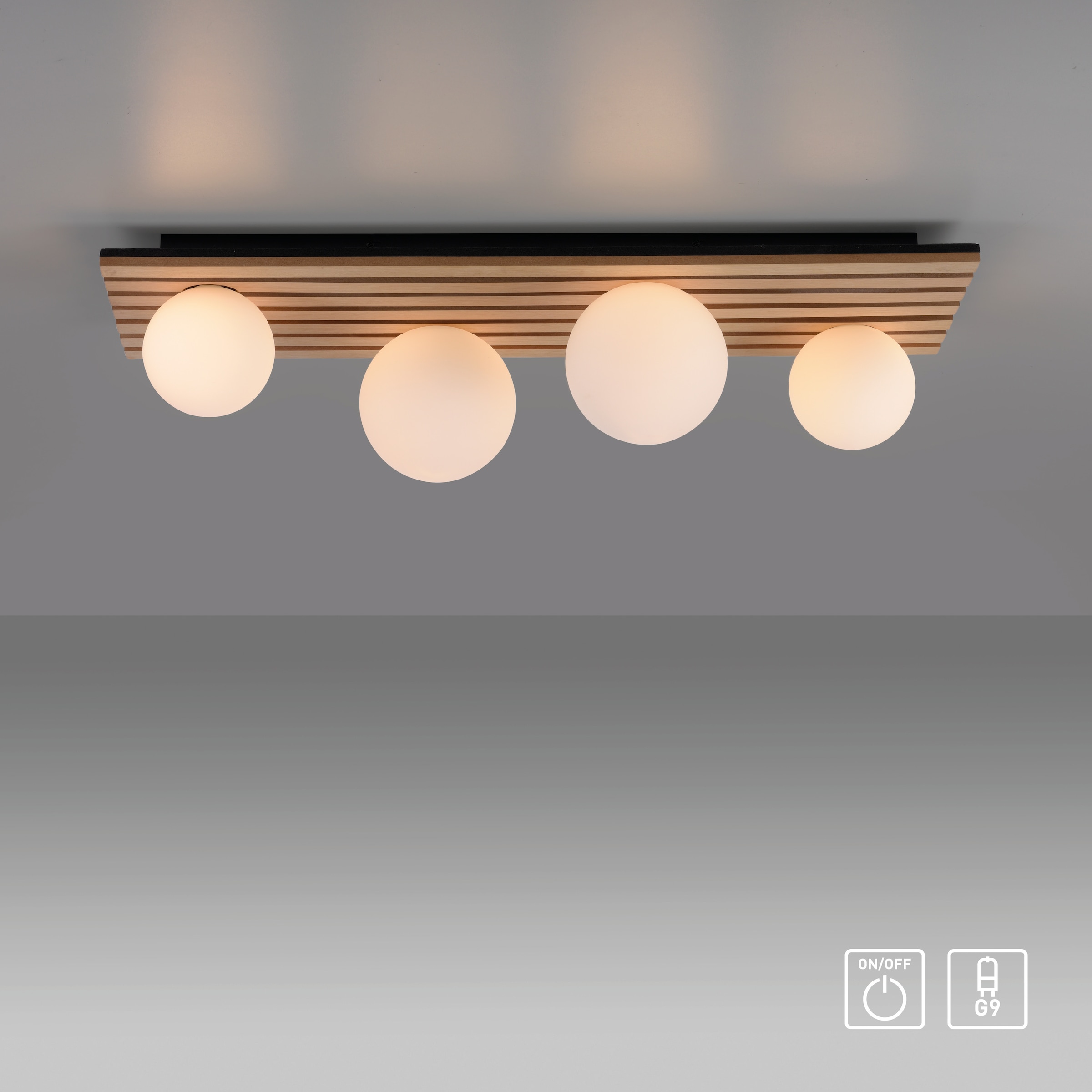 Leonique Deckenleuchte »Erinette Akustikpaneele mit Glaskugeln«, 4 flammig, Leuchtmittel G9 | Leuchtmittel wechselbar-ohne Leuchtmittel, Holz, Akustik, Paneele, Glas, opal matt weiß, Deckenlampe