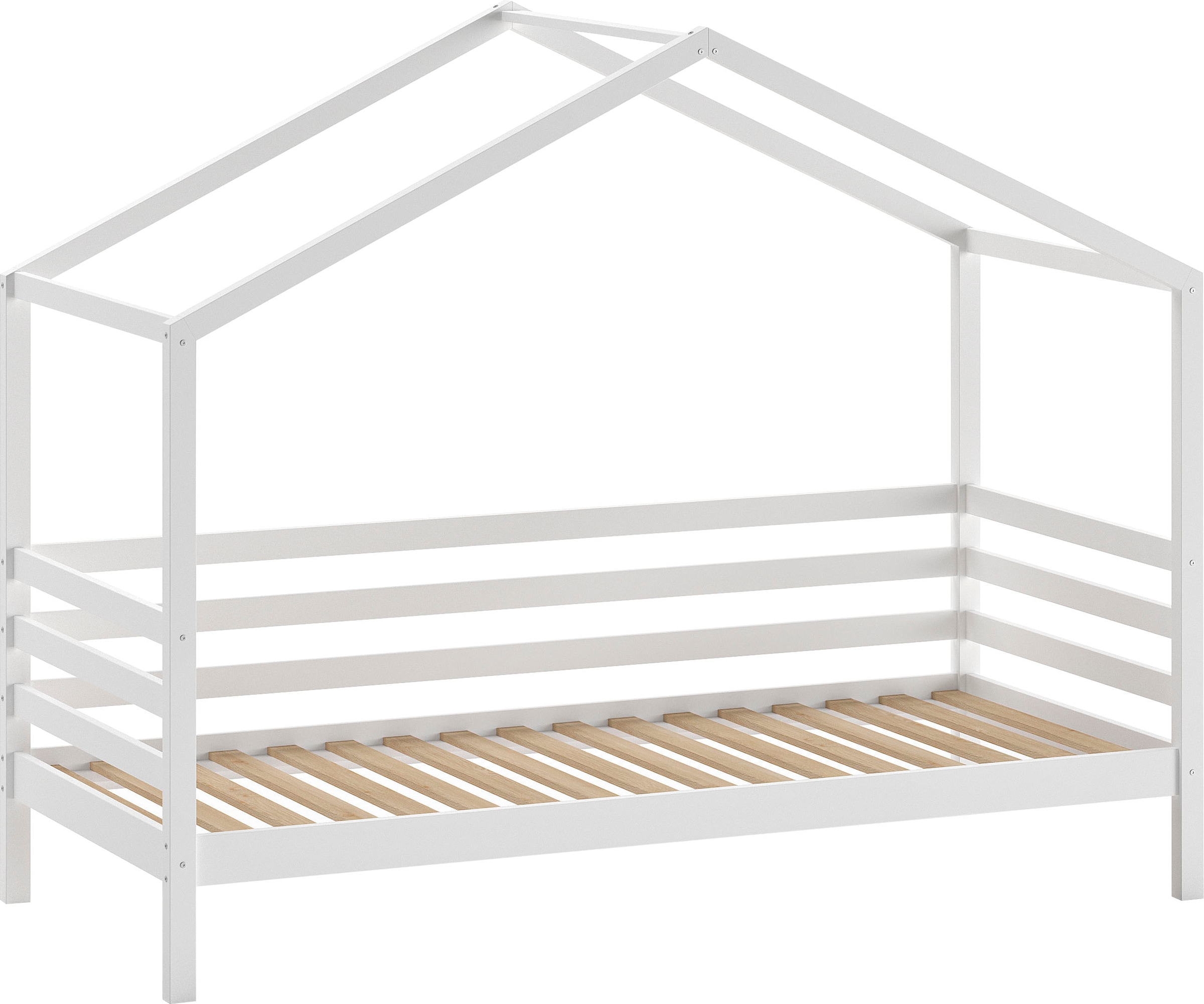 Home affaire Hausbett »Kiefer massiv weiß lackiert, inkl. Dachaufbau und Rolllattenrost«, (B/H/T ca. 210x170x96cm, stabil gebaut), inkl. seitlichem Umbau