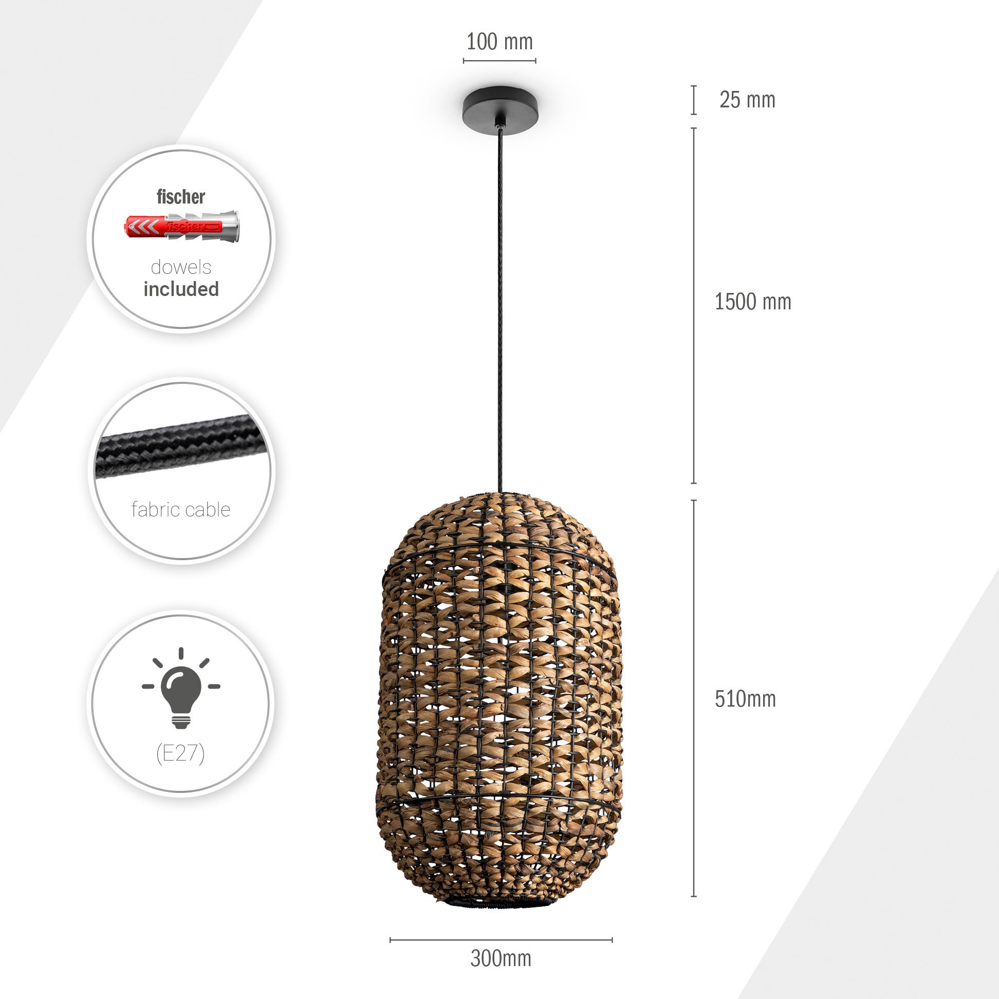 Paco Home Pendelleuchte »KAGLONG«, Leuchtmittel E27 | ohne Leuchtmittel, Rattan Optik Pendelleuchte Korblampen Hängend Wohnzimmer Boho Natur