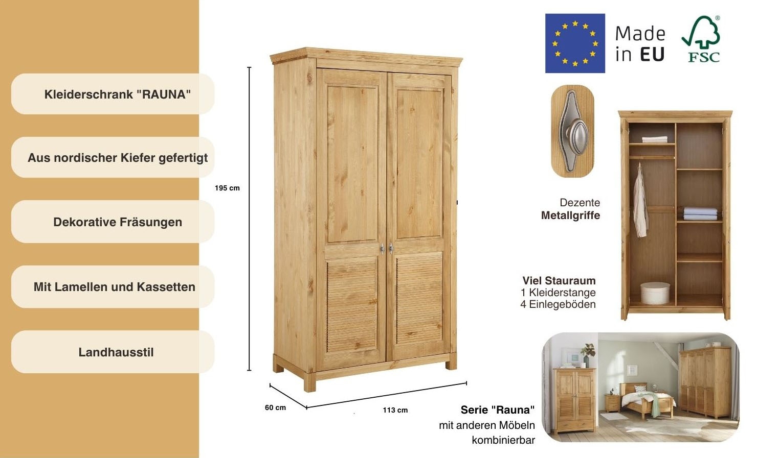 OTTO home Kleiderschrank »Rauna, mit Lamellen und Kassetten, klassischer Landhausstil, rustikal« 2 Breiten: 113/159 cm H/T ca. 195/60 cm,  massive Kiefer, Metallgriffe, mehrere Varianten, zeitloses Design
