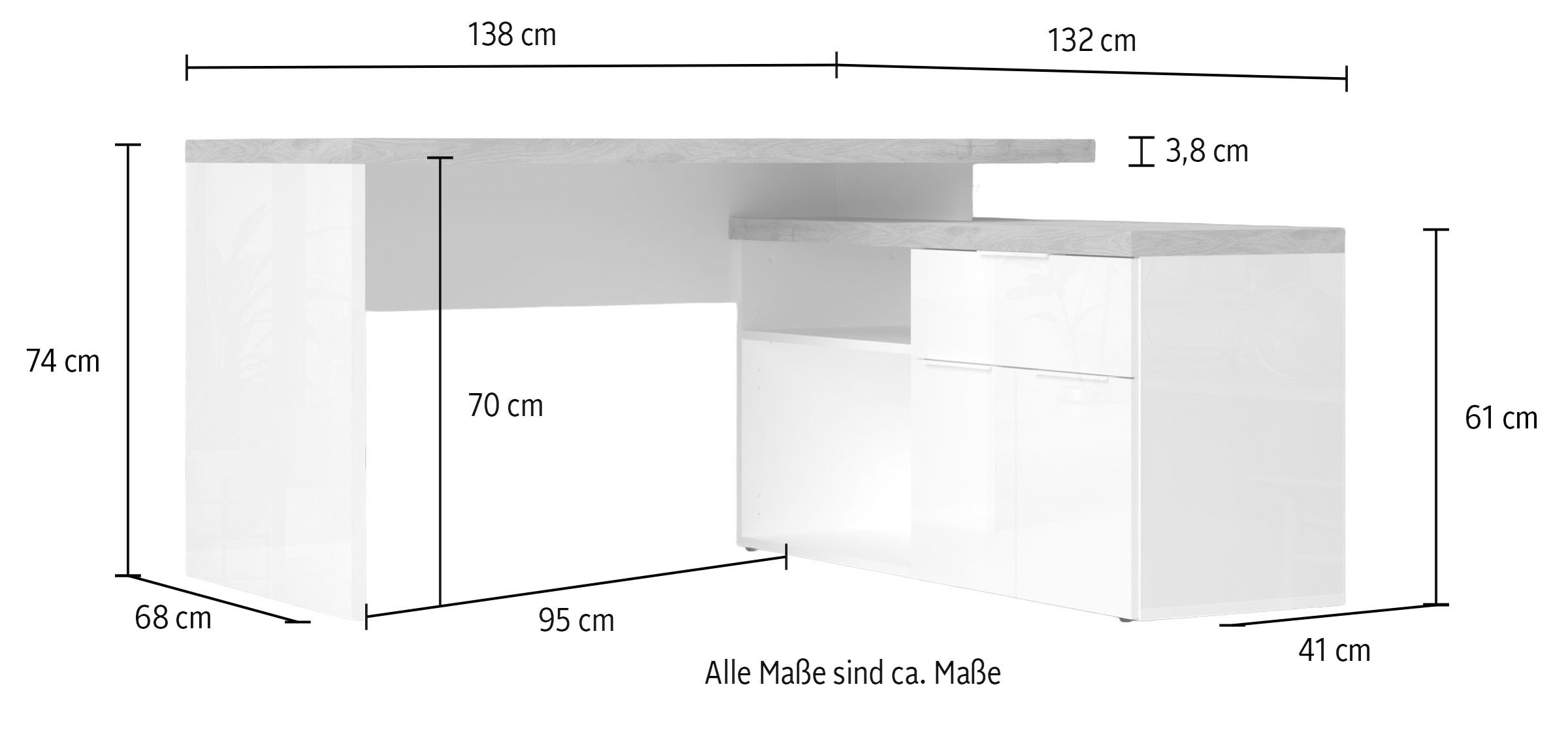 Home affaire Eckschreibtisch »Easy, Computertisch – 38 mm Platte, perfekt fürs Büro & Homeoffice« Breite/Tiefe 138/132 cm, Schubkasten mit Selbsteinzug u. Dämpfung