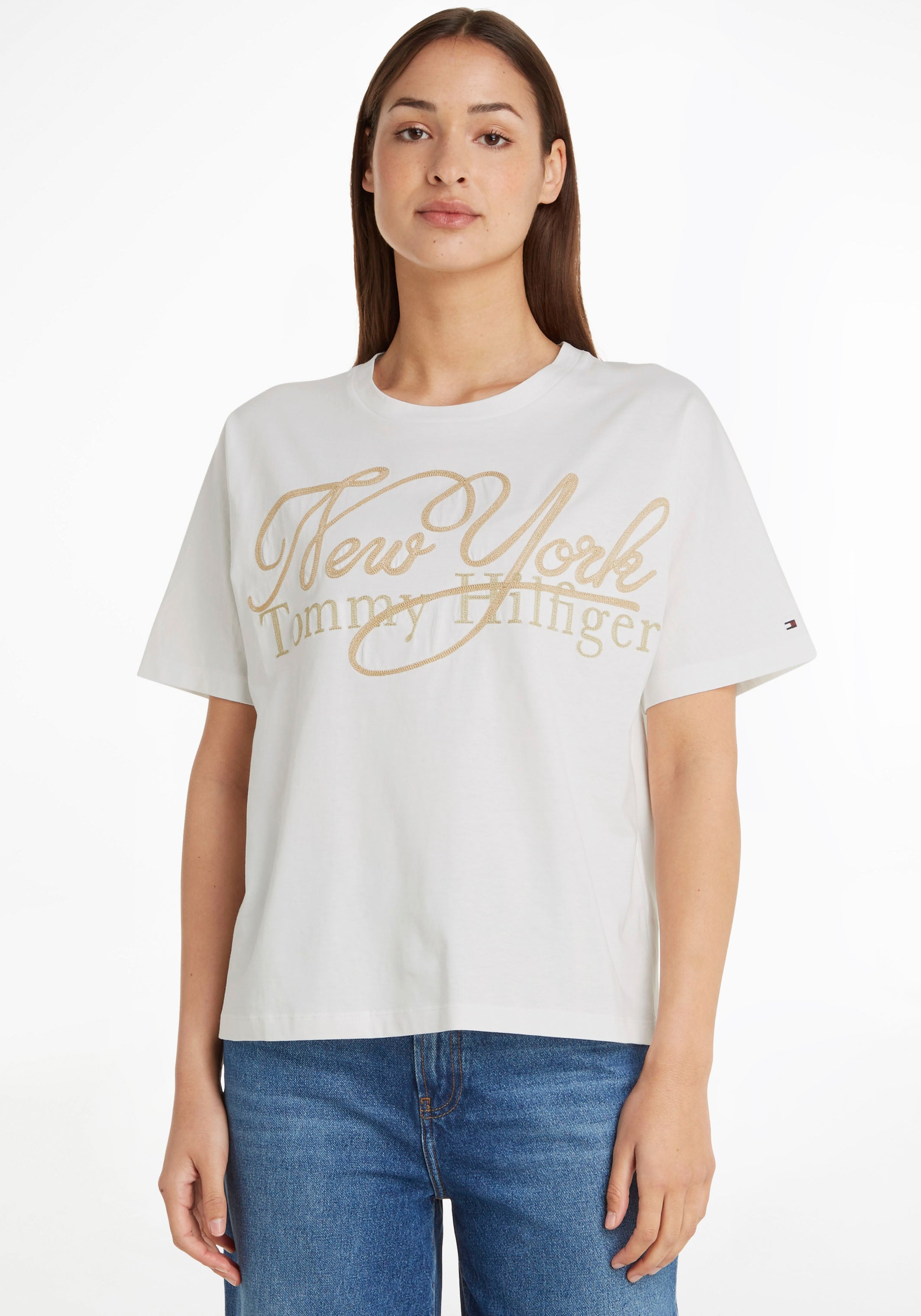 Im Trend Tommy Hilfiger T-Shirt »RLX NY & bei Print Hilfiger Tommy Markenlabel mit bestellen METALLIC SS«, OTTO metalicfarbenen C-NK