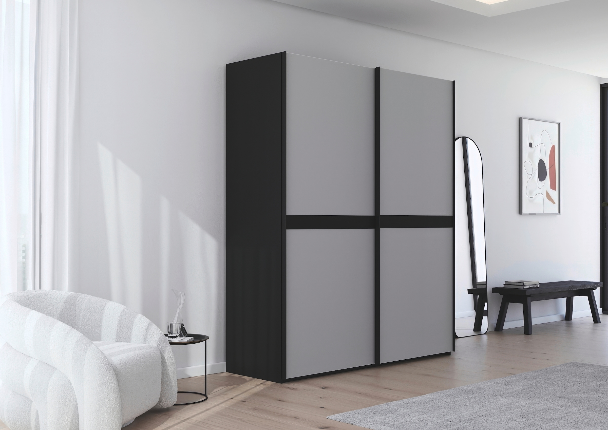 rauch Schwebetürenschrank »Kleiderschrank Schrank Garderobe Schlafzimmerschrank SCALE-LINE«, edle Optik mit Bauchbinde in Korpusfarbe mit Glasfront MADE IN GERMANY