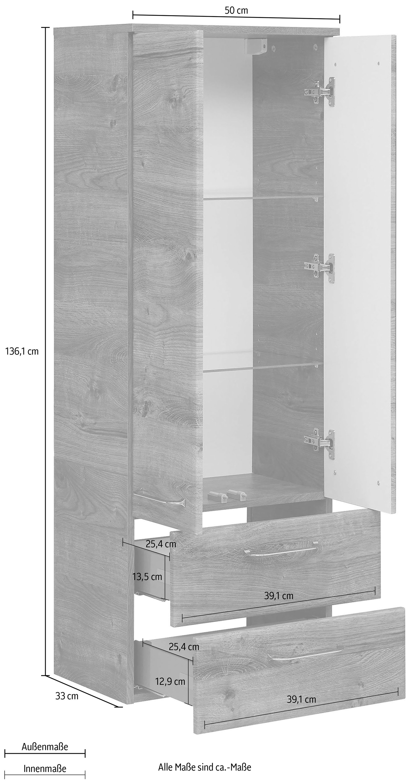 Saphir Midischrank »Quickset Badschrank 50 cm breit, 2 Türen, 2 Schubladen, 2 Einlegeböden«, Badezimmer-Midischrank inkl. Türdämpfer, Griffe in Chrom glänzend