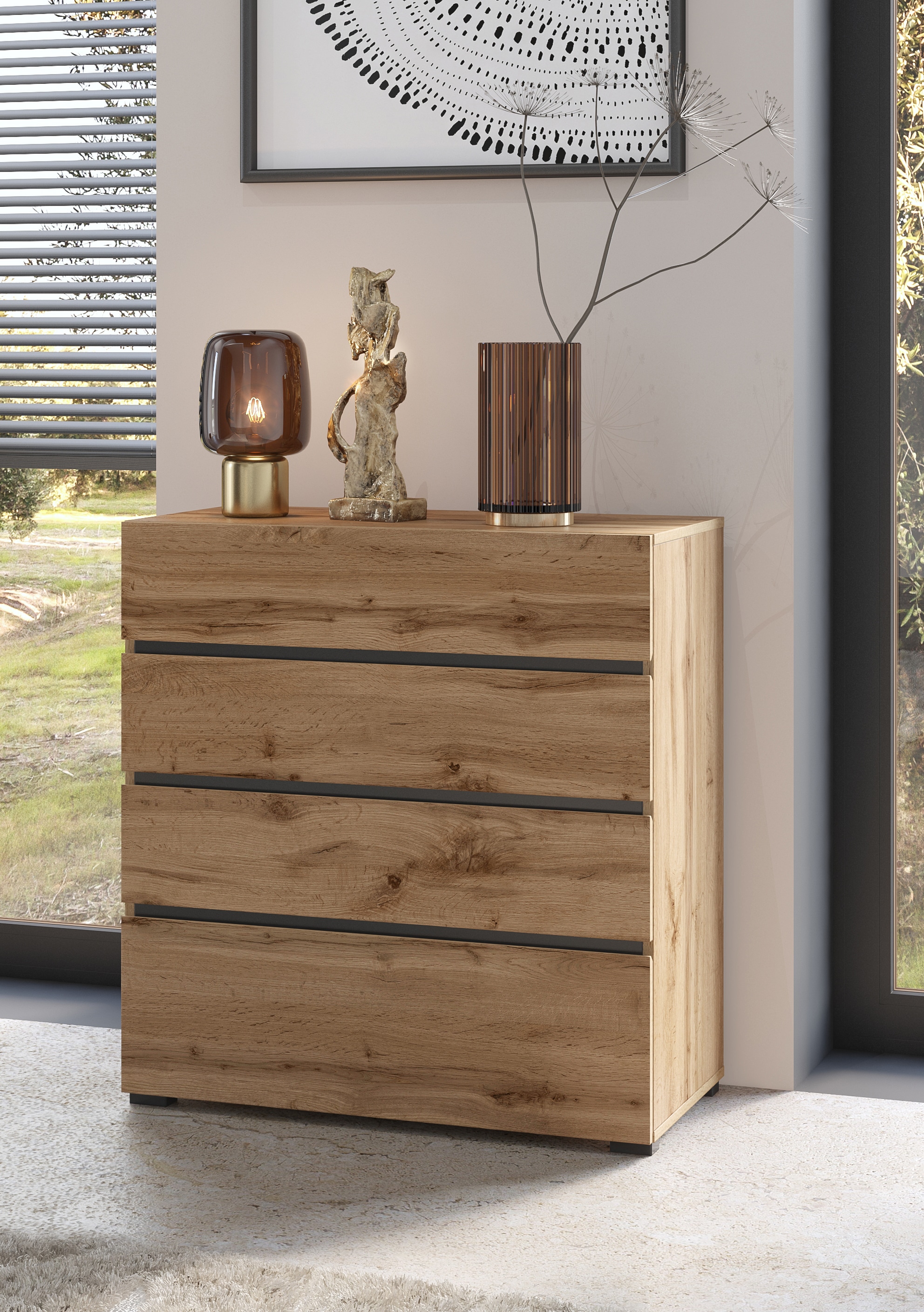 INOSIGN Kommode »Cross, moderne grifflose Schubladenkommode, 80x40x85cm (BxTxH)«, Schubladenschrank, Sideboard mit 4 Schubkasten