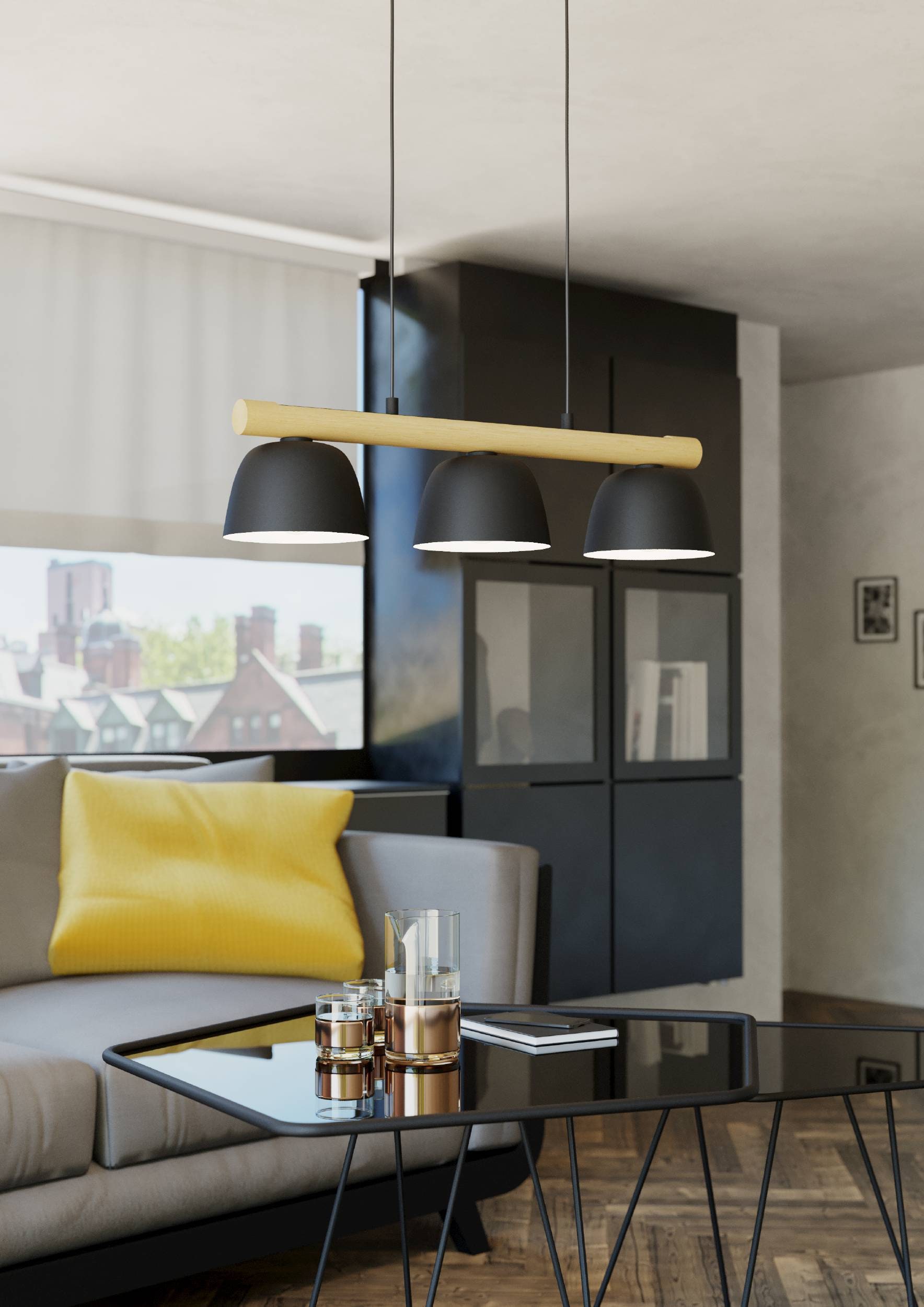EGLO Hängeleuchte »Sherburn Hängelampe, Esszimerlampe, Metall und Holz, E27, Pendellampe« E27 1 Stk. EGLO Hängeleuchte Sherburn schwarz, braun 3X40W L:77 H:110 cm