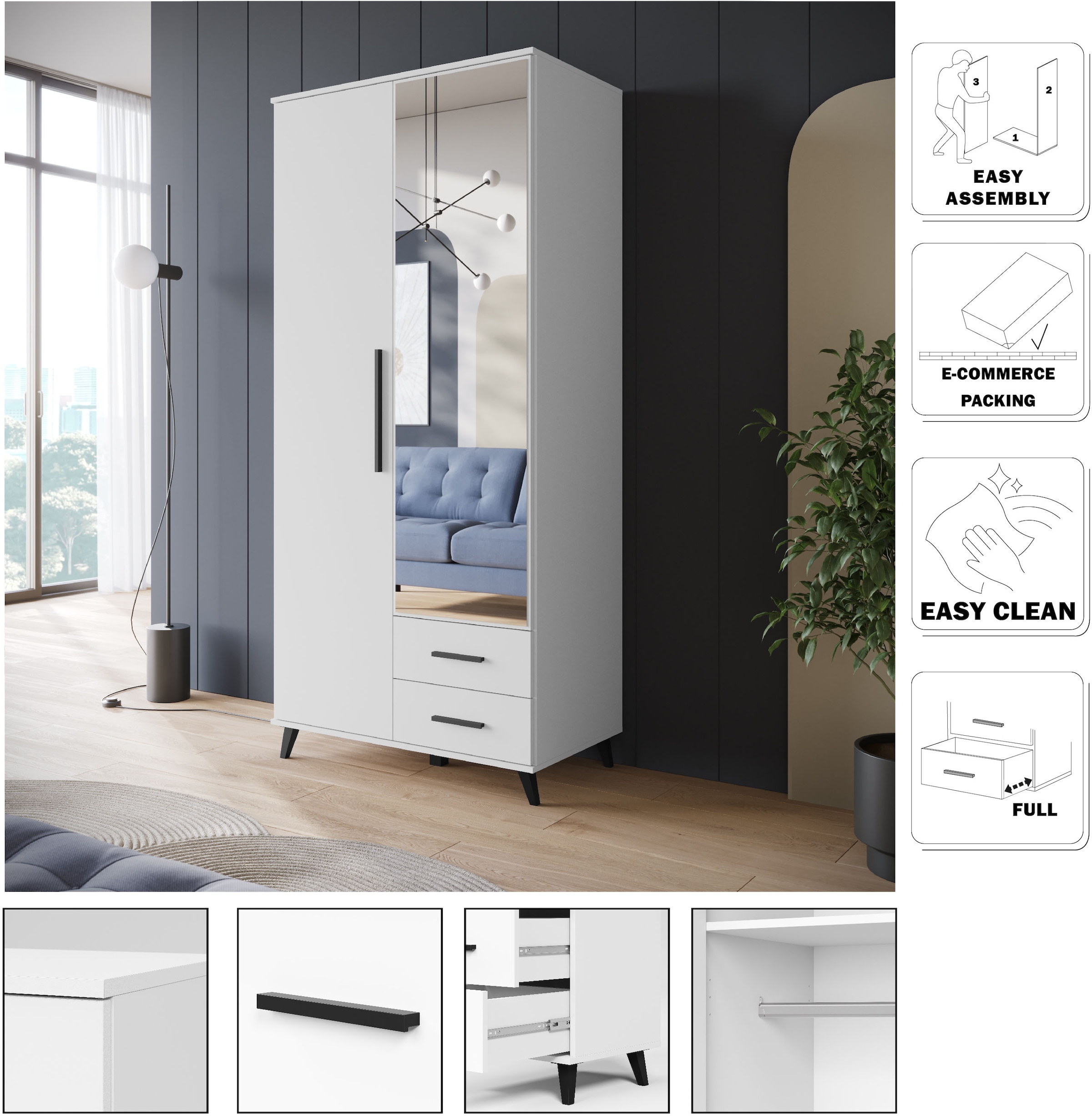 INOSIGN Kleiderschrank »Lagos, Garderobe Schlafzimmerschrank Wäscheschrank Bestseller« in 2 Farben und 2 Breiten erhältlich, 1 Stk. tlg. Moderner Drehtürenschrank mit Spiegeltür, Breite 90 cm, 2 Schubladen