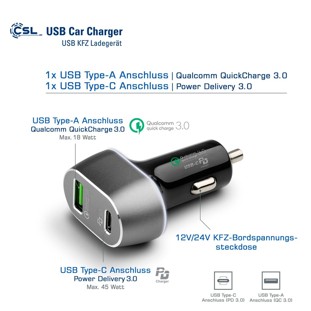 CSL USB-Ladegerät »63W Car Charger mit LED«