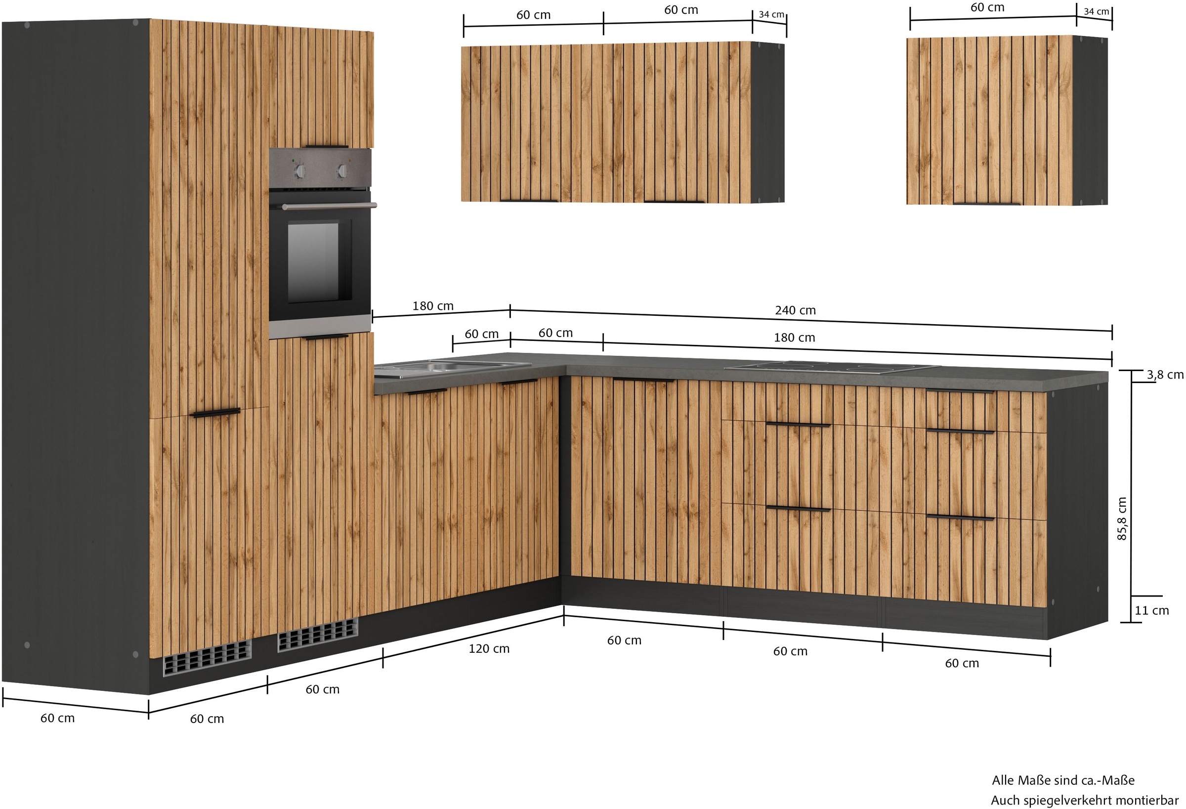 KOCHSTATION Winkelküche »KS-Lagos, Stellbreite 300/240 cm« wahlweise mit E-Geräten, Spüle edelstahl oder schwarz