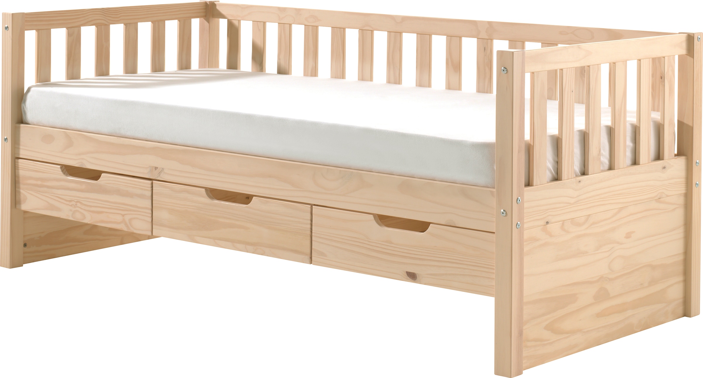 Vipack Einzelbett »mit Schubladen, Kiefer massiv, viel Stauraum und zeitloses Design«, (B/H/T ca. 211,2x85,5x97,8cm, Ausf. Milky Pine oder Weiß), inkl. Rolllattenrost, mit oder ohne Bettschublade