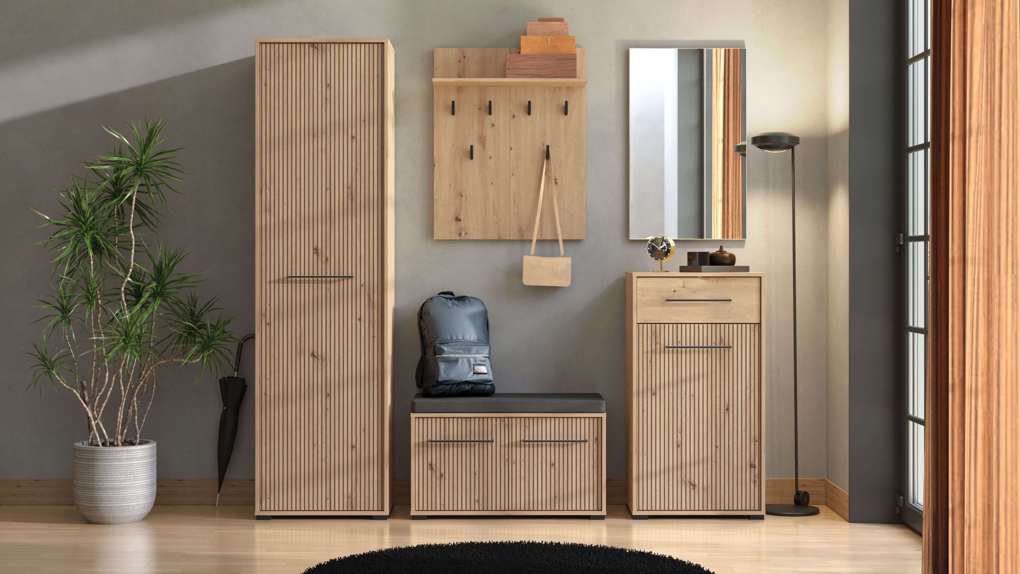 INOSIGN Garderoben-Set »Landes, Flurmöbel, Breite 189 cm, in Artisan Eiche mit Streifen«, (Komplett-Set, 5 St.), (Set, 5-St) inkl. 2 Schränke, Sitzbank, Garderobenpaneel und Spiegel