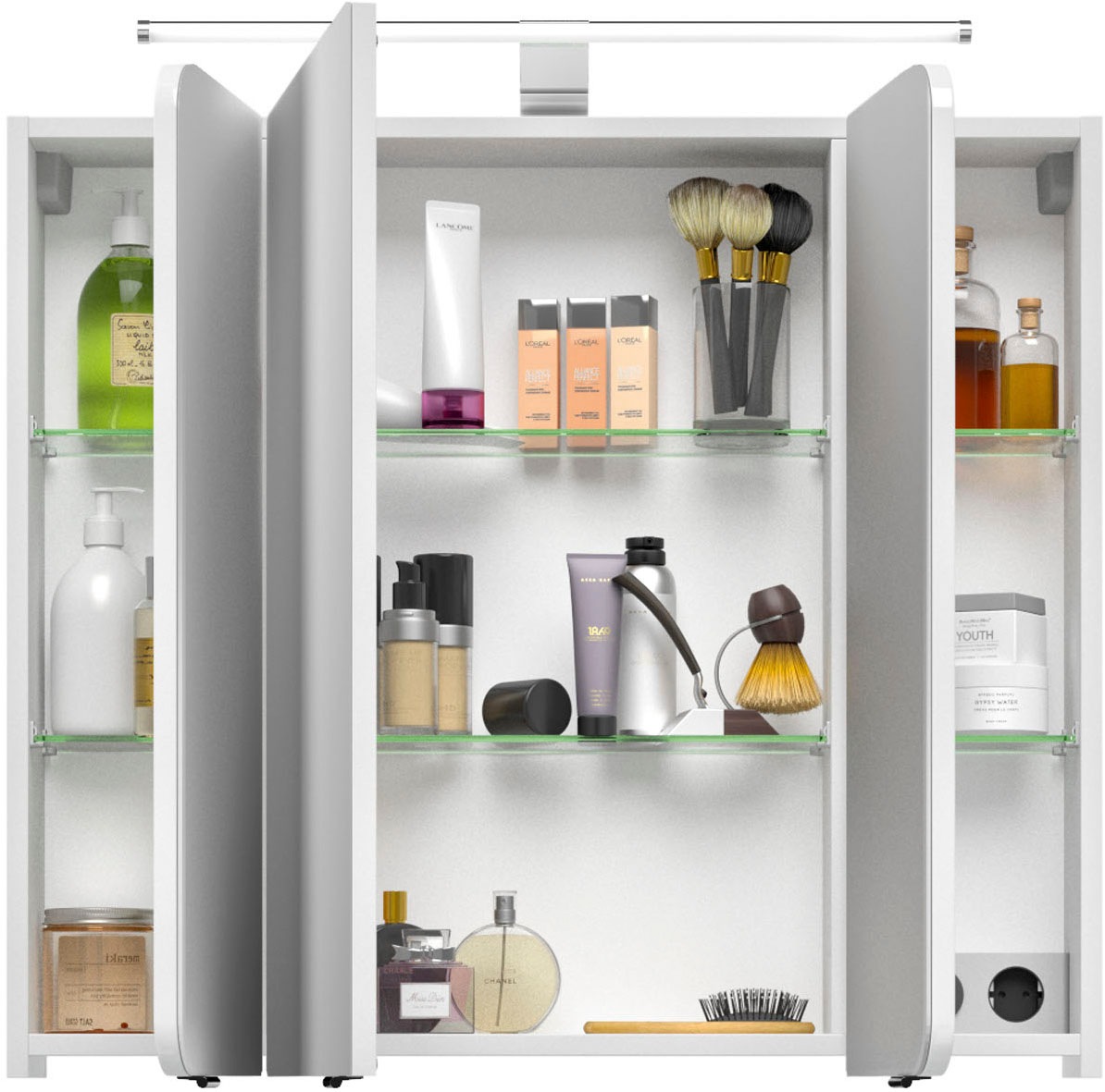 Saphir Badmöbel-Set »Serie 4005, vormontiert, Glaswaschbecken, Spiegelschrank«, (Set, 5 St.), Badezimmer-Set mit Unterschrank, Midischrank, inkl. Türdämpfer