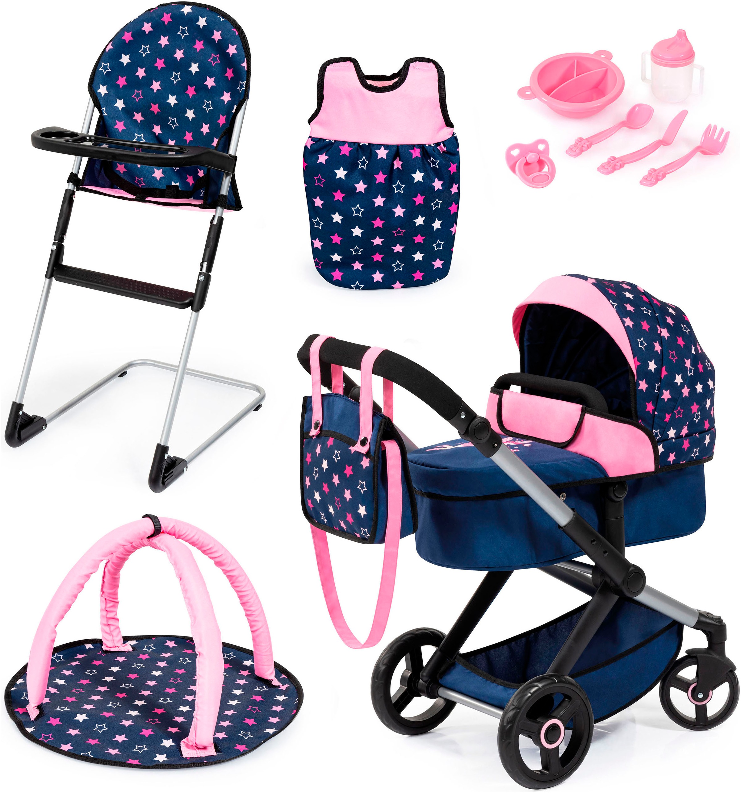 Bayer Kombi-Puppenwagen »Xeo Deluxe, blau/rosa«, (Set)