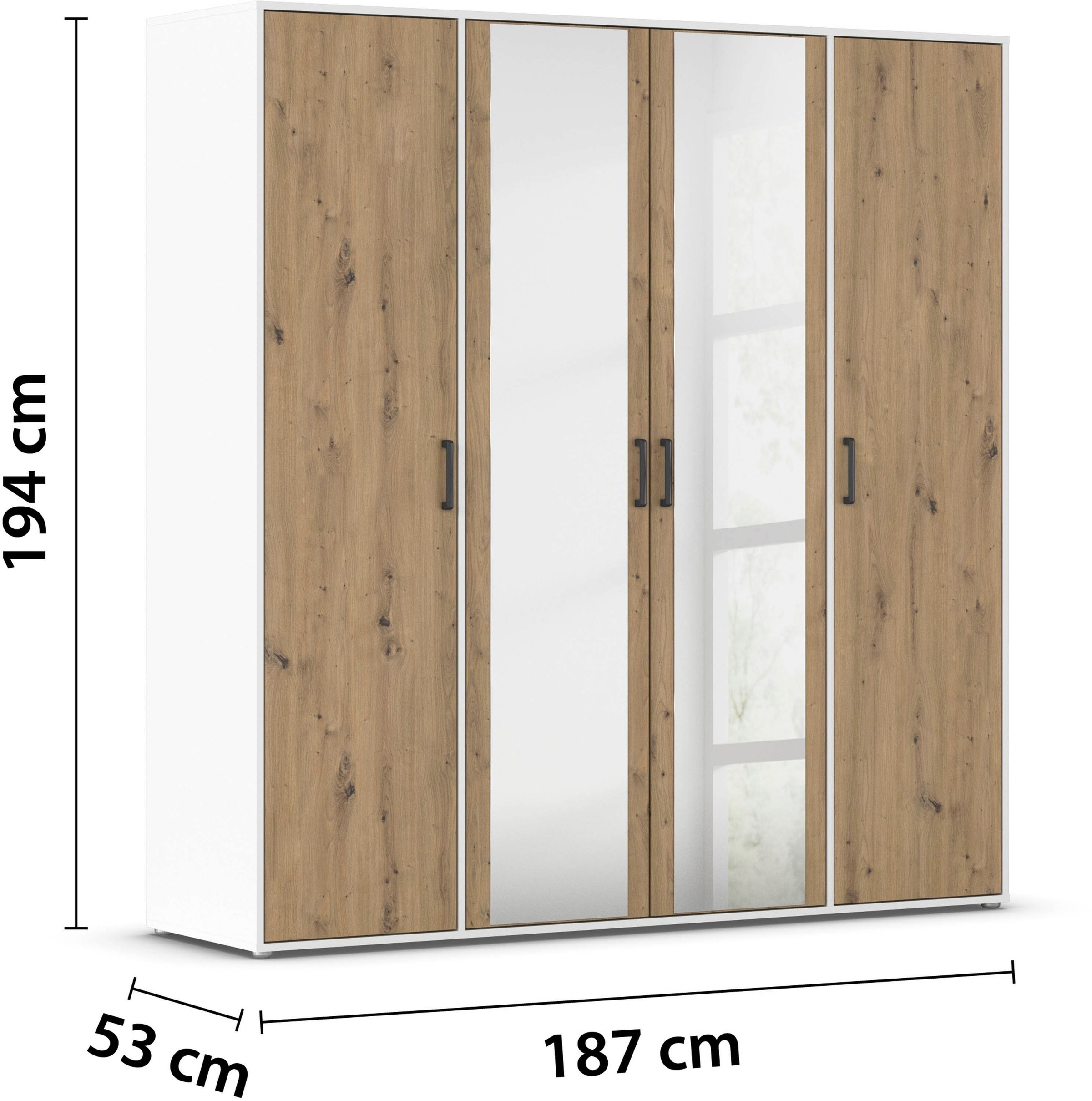 rauch Drehtürenschrank »Kleiderschrank Schrank Garderobe Wäscheschrank VOYAGER«, (in 3 verschiedenen Ausstattungen BASIC/CLASSIC/PREMIUM), mit modernen Griffen in Graumetallic und Spiegel