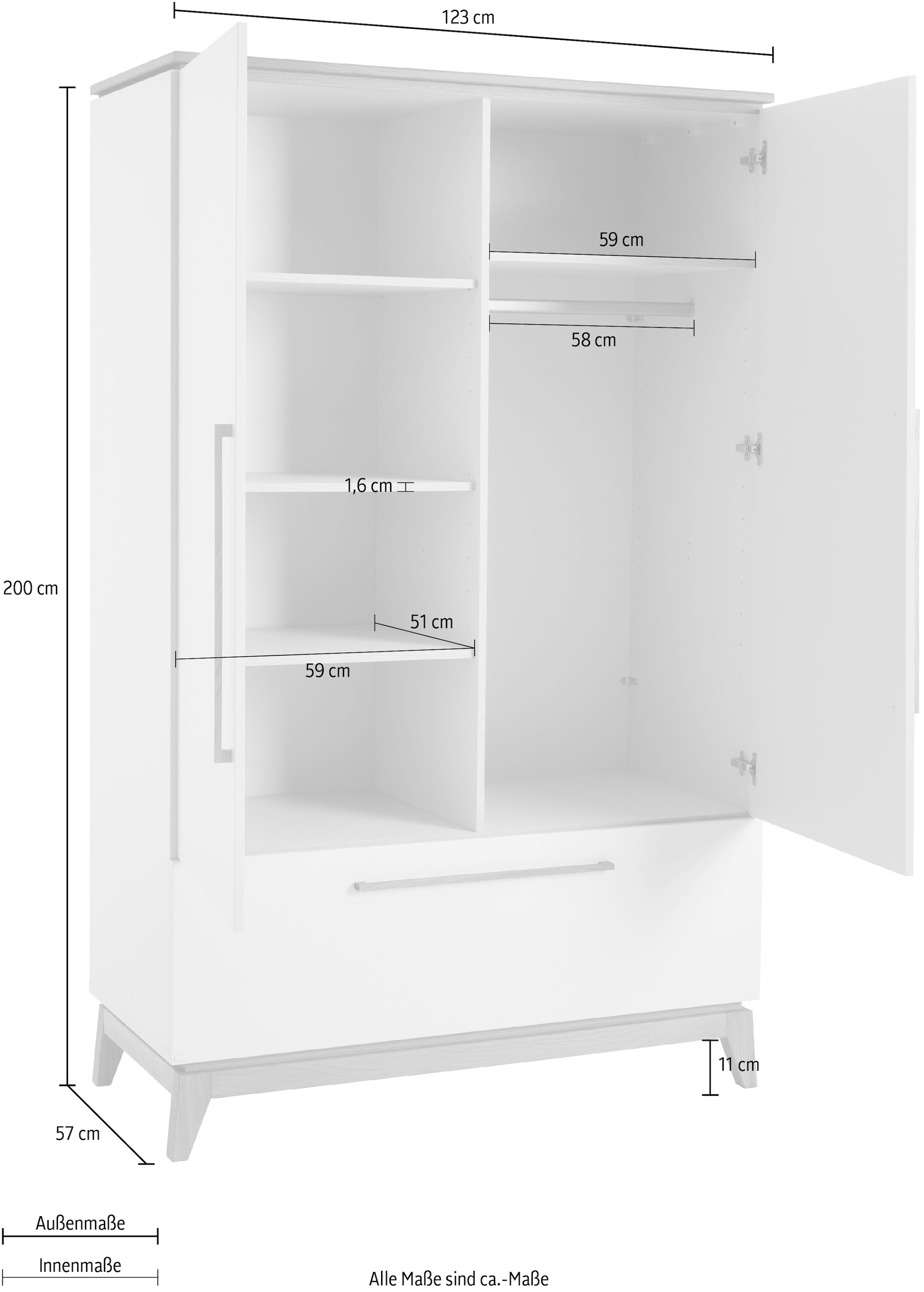 PAIDI Kleiderschrank »STIENE in Beige oder Grau, 2 Türen und 1 Schublade mit Soft-Close« B/H/T ca. 123/200/57cm,  inkl Kleiderstange + Einlegeböden, Kleiderschrank mit Eiche Massivholz