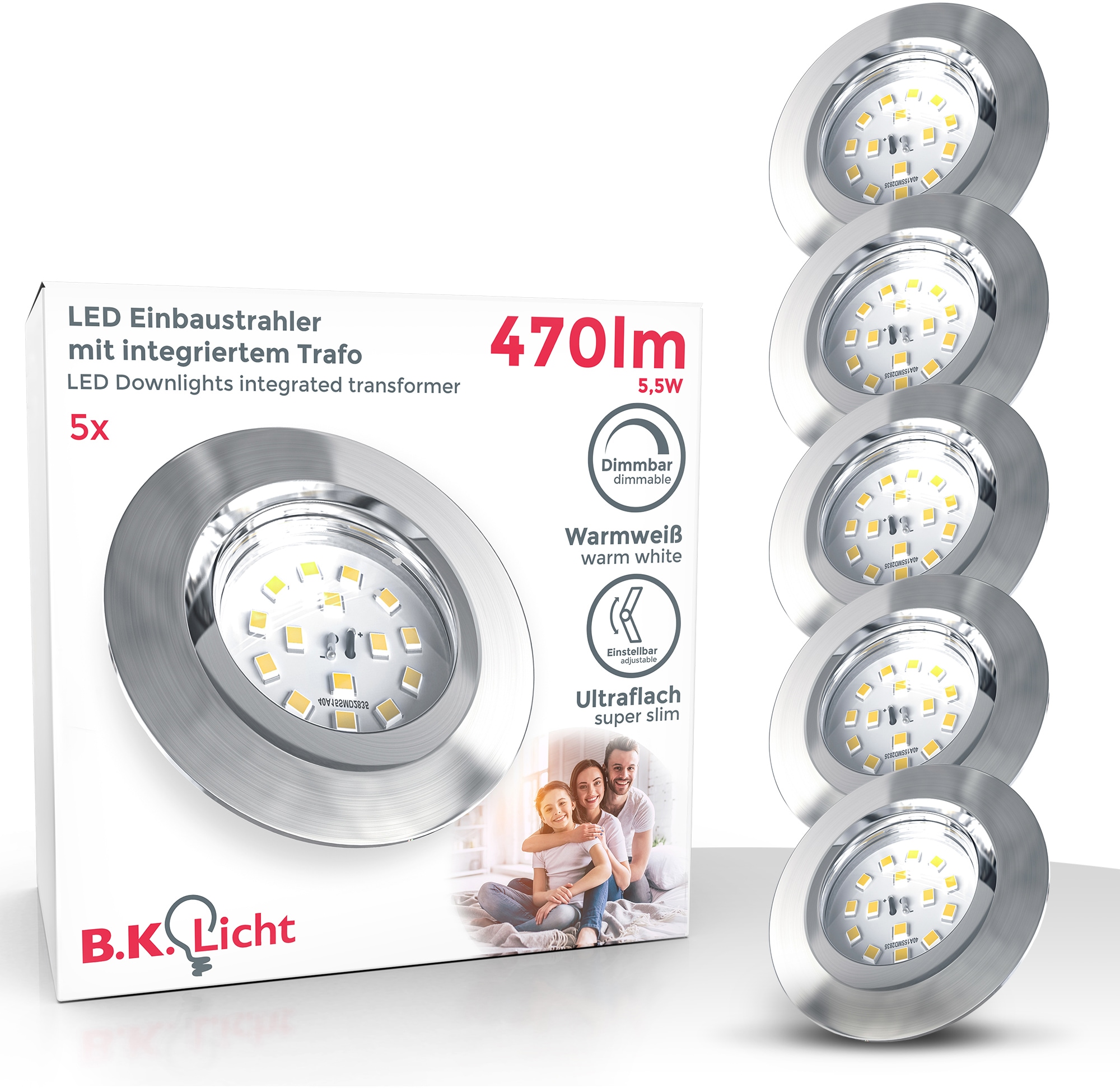 B.K.Licht LED Einbauleuchte, 5 flammig-flammig, LED Einbaustrahler, dimmbar, 3-stufig, Wandschalter, schwenkbar