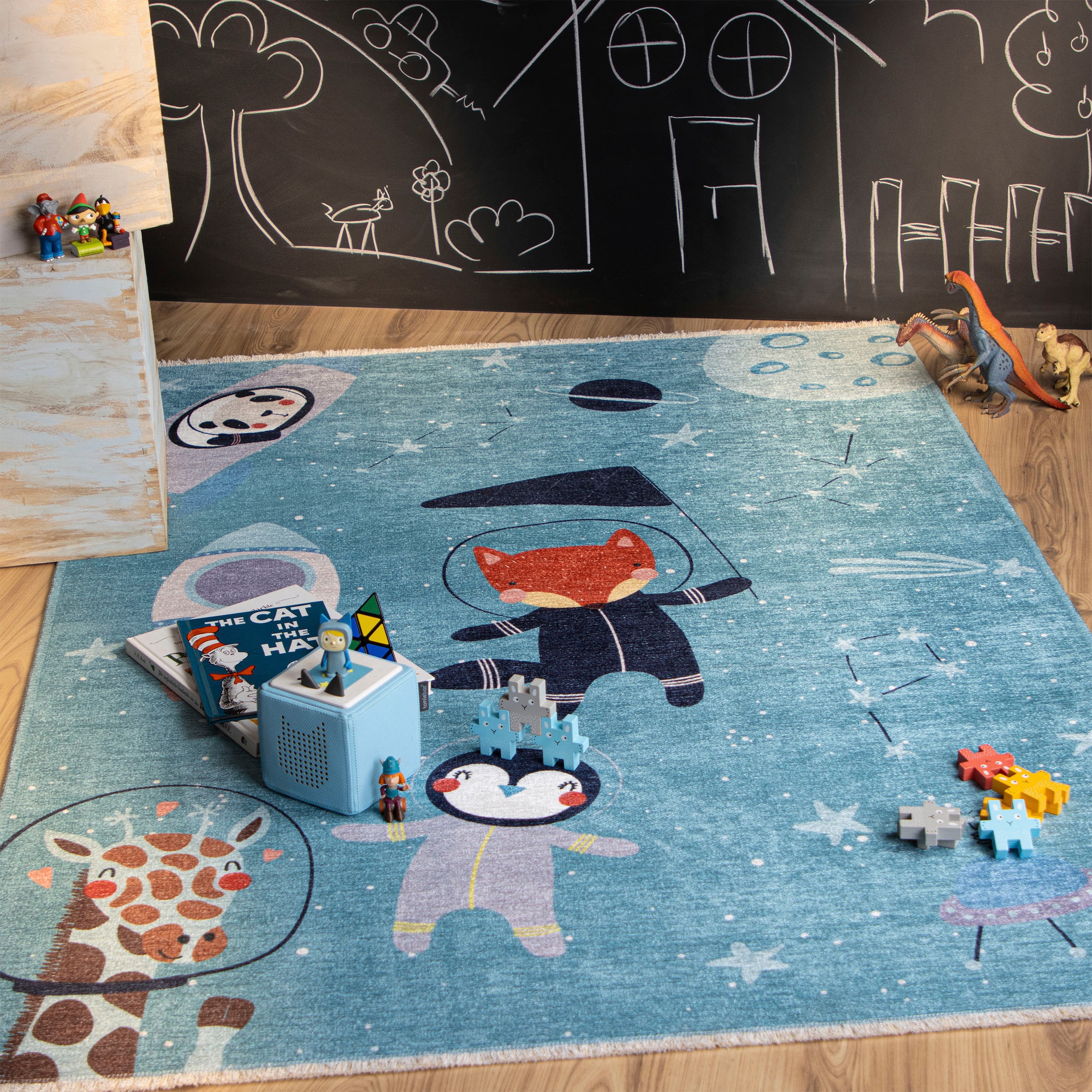 Obsession Kinderteppich »My Greta 600« rechteckig 6 mm Höhe Kurzflor, Motiv Tiere im Weltraum, mit Fransen, Kinderzimmer