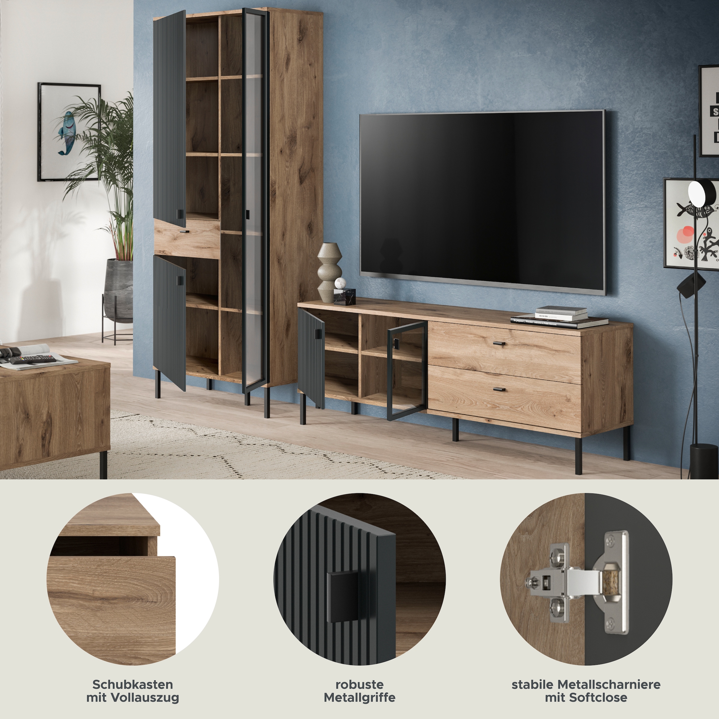 INOSIGN Wohnwand »TREVERK, Breite: 252 cm, hochwertige MDF-Front schwarz tiefzieh« Set, Set, best. aus: 1 Stauraumvitrine, 1 Lowboard, 2 Stk. tlg.