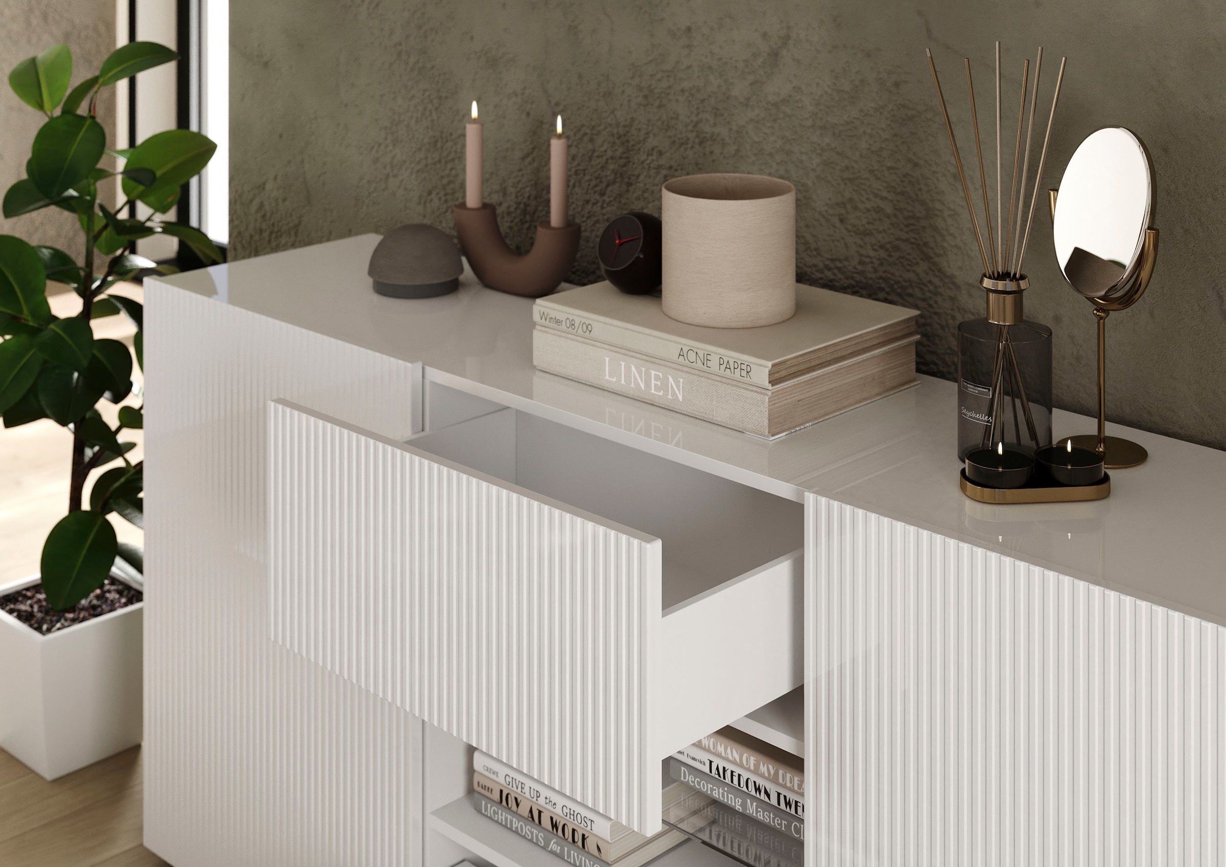 INOSIGN Sideboard »Rio Breite 181 cm, Kommode mit 2 Türen u. 2 Schubkästen,«, geriffelte MDF-Fronten, modern u. elegant, viel Stauraum