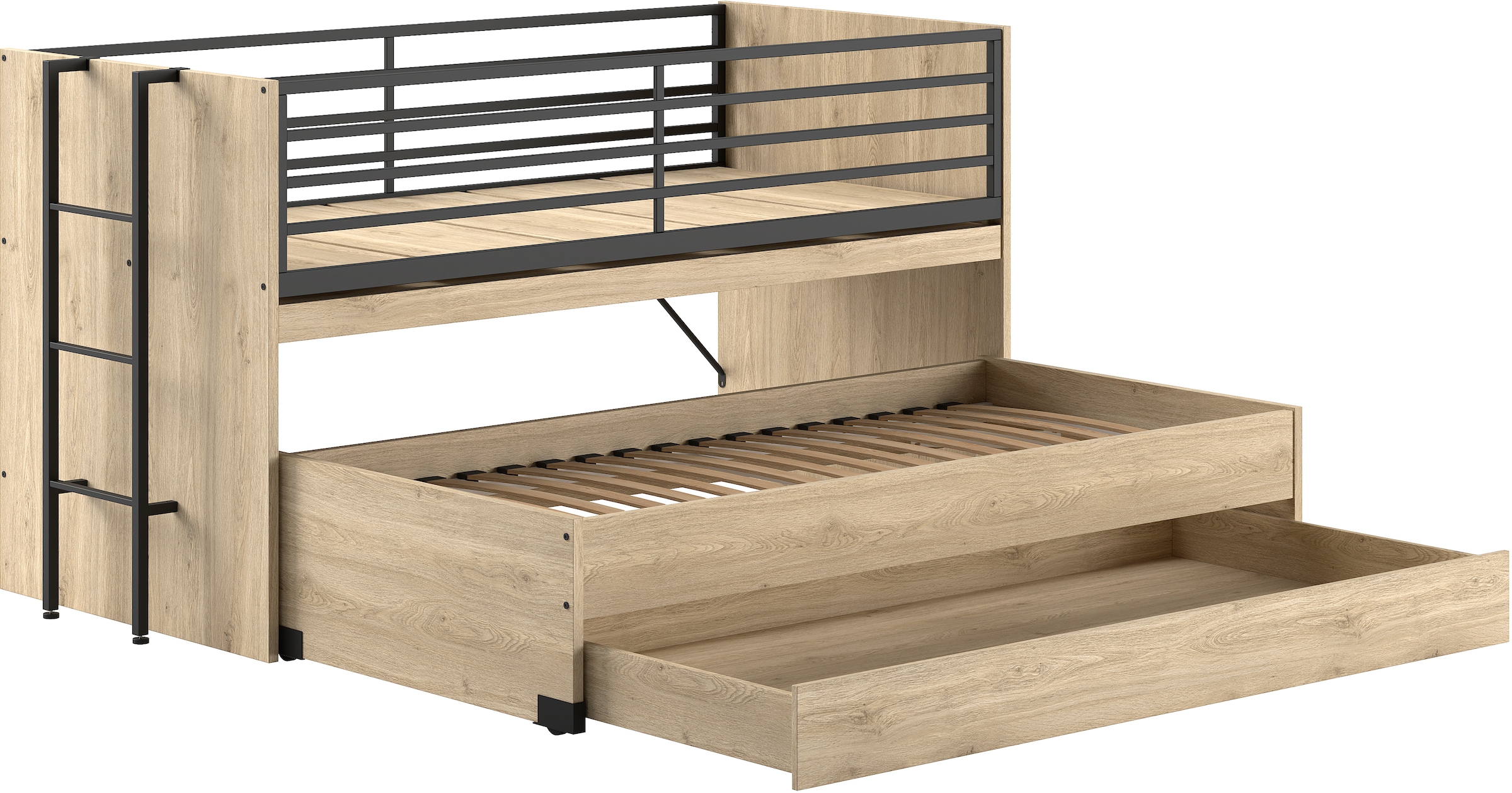 Home affaire Etagenbett »praktisches Etagenbett mit viel Funktion, 2 Dekore zur Wahl«, (B/H/T ca. 219x114x98cm, Metall Leiter und Absturzschutz in schwarz), für kleine Räume, 2 Liegefl., Bettschublade, inkl. Schreibtisch
