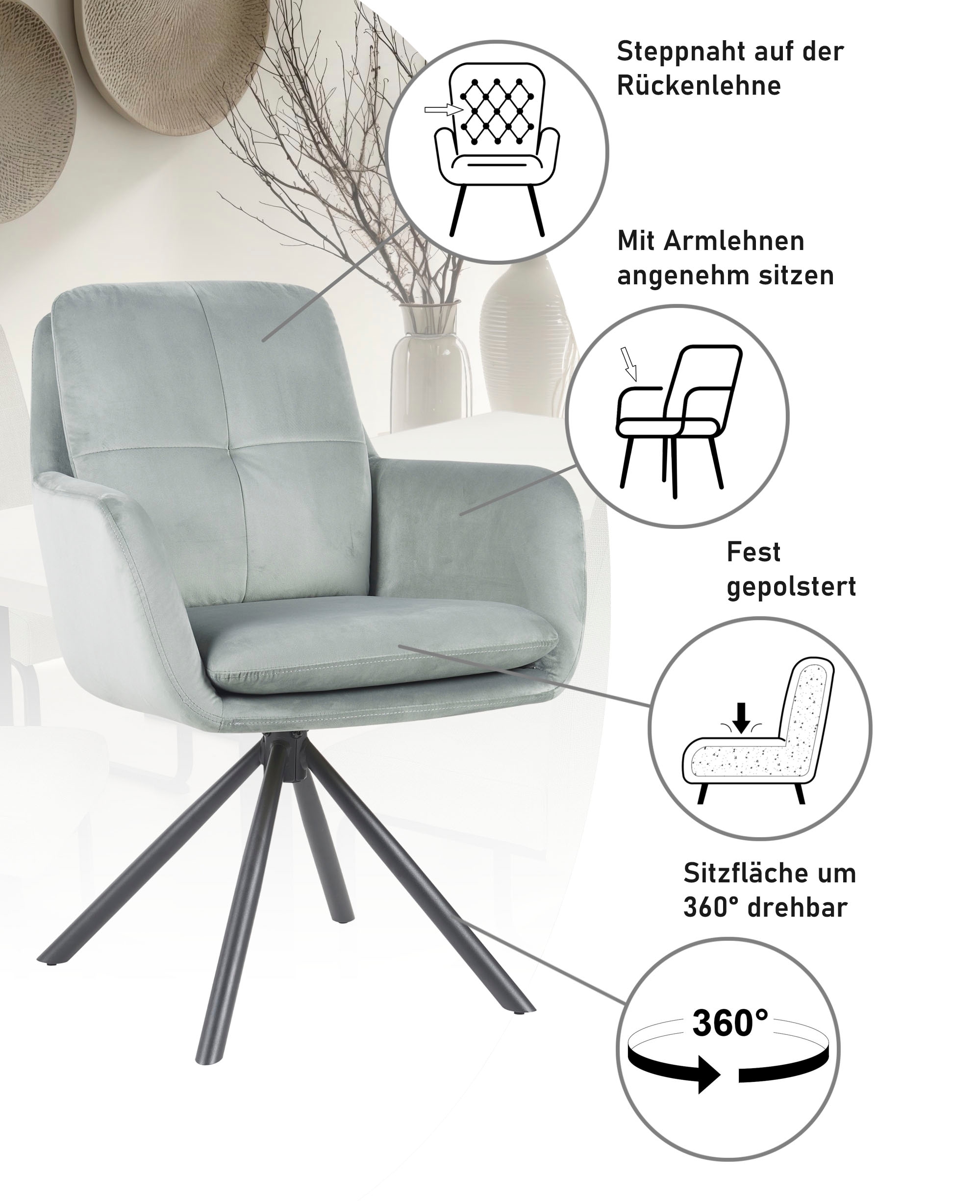 HELA Armlehnstuhl »PARMA« (Set) 2 Stk.2er Pack, 360° drehbar, 4-Fuß, Kissenoptik, Samtvelour, Armlehnen