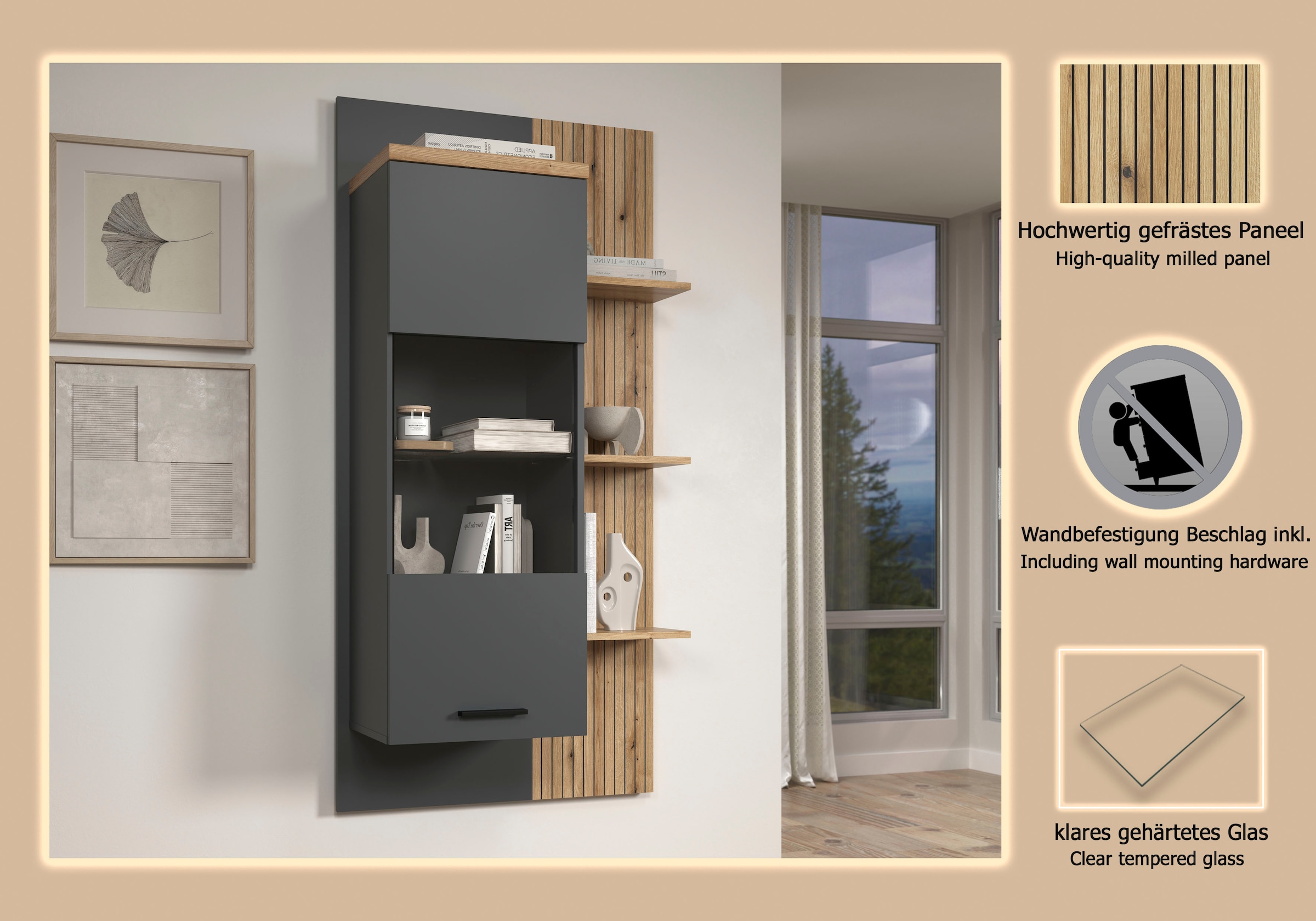 Home affaire Hängevitrine »Bajo« 1 Stk. tlg. Hängeschrank mit 1 Tür & 1 Glasboden – (B/T/H) 80/32/161 cm