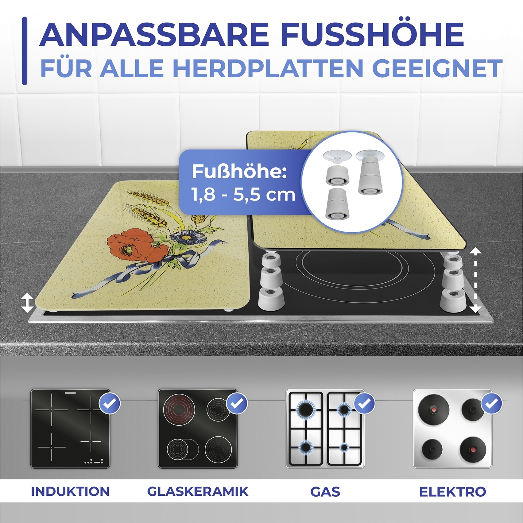 Maximex Herd-Abdeckplatte »Universal Modell Kornblumen«, (Set, 2 tlg.), Herdabdeckung für alle Herdarten, kratzfest, mit rutschfesten Füßen