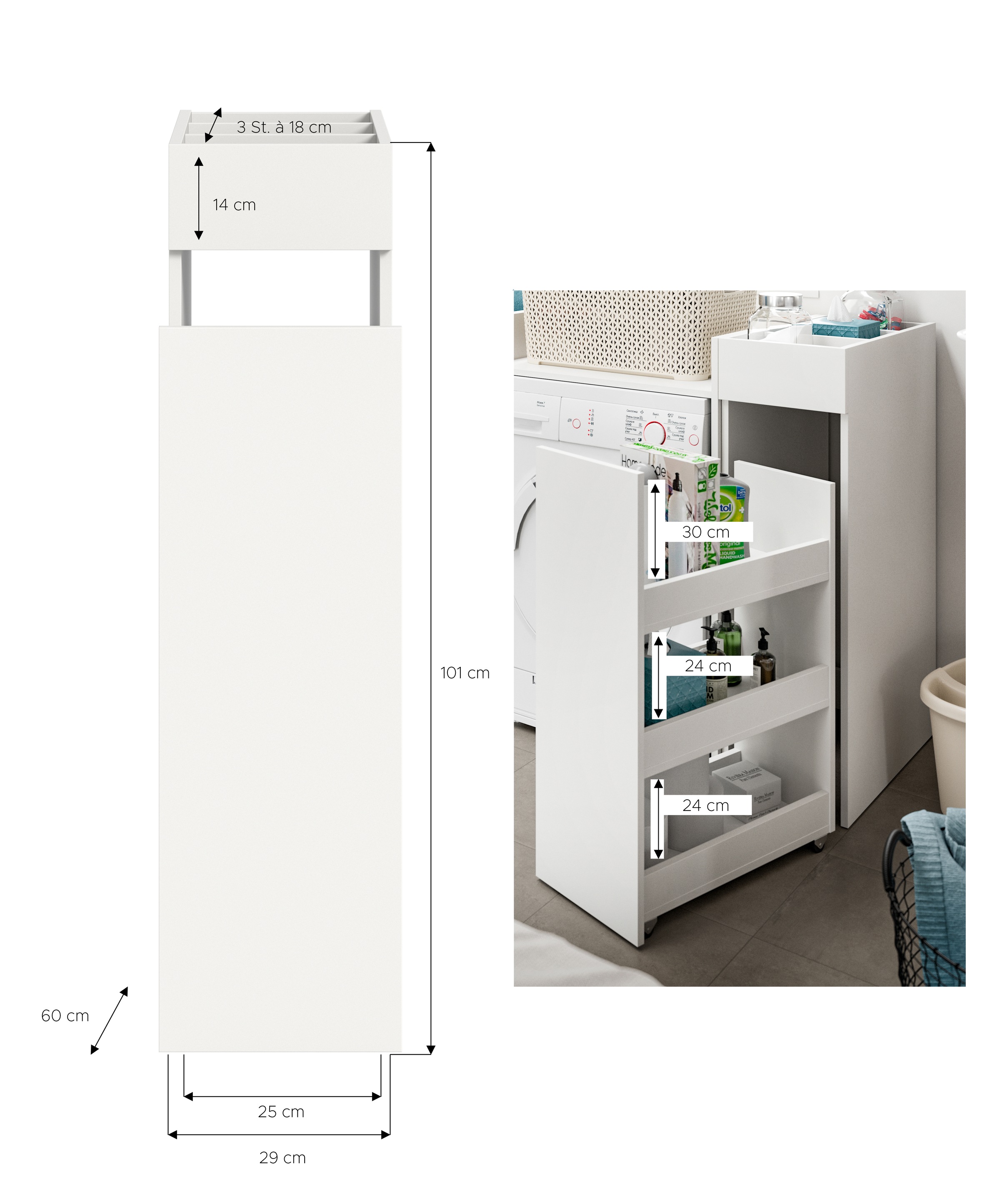 welltime Standregal »Falas, Höhe 101cm, Apothekerauszug mit 3 Fächern,3 offene Ablagefächer«, Rollregal, Organizer, Anstellregal, Anstellschrank, Badschrank