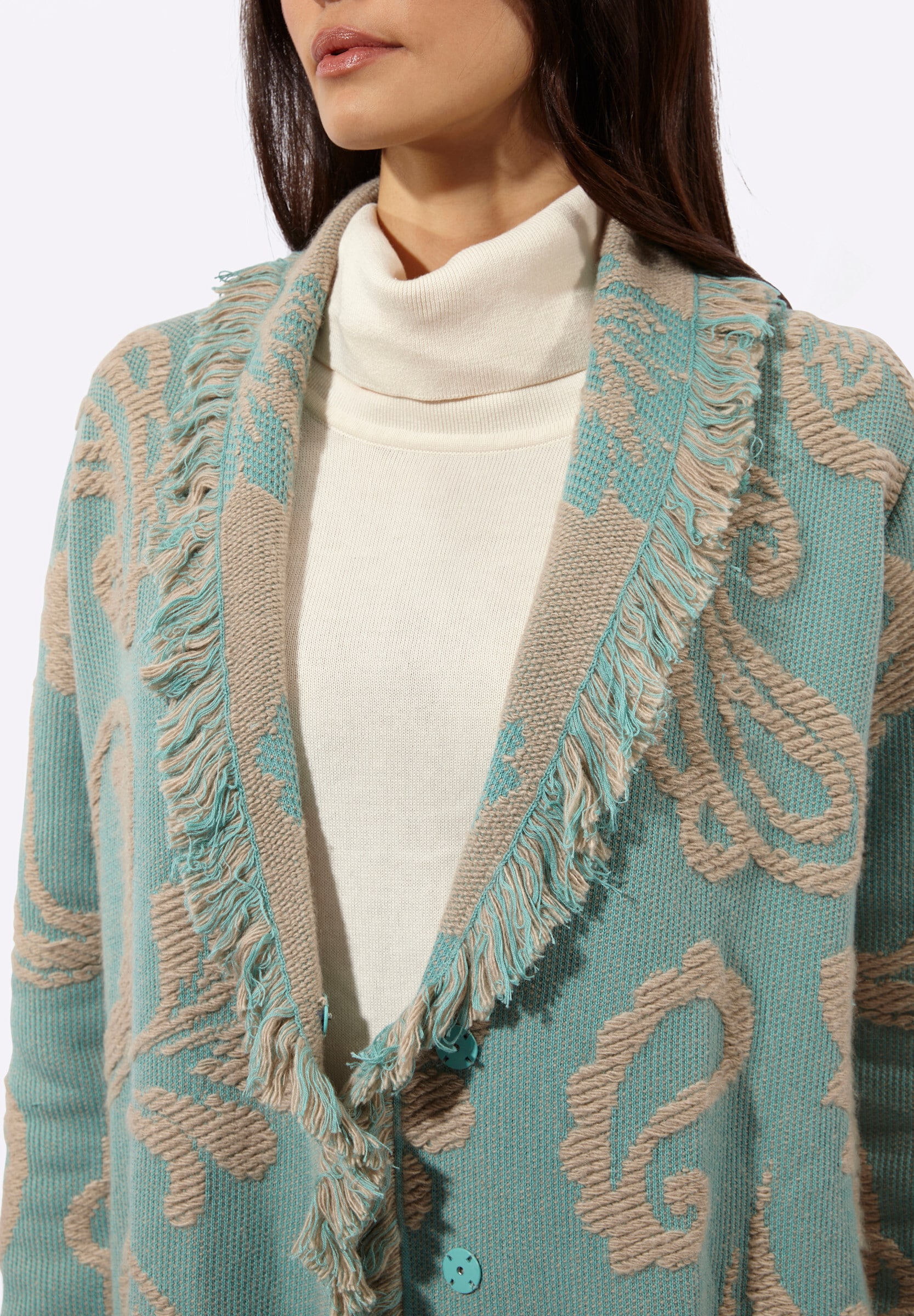 creation L Strickjacke »Jacquard-Strickjacke Cardigan mit zweifarbigen Fransen«
