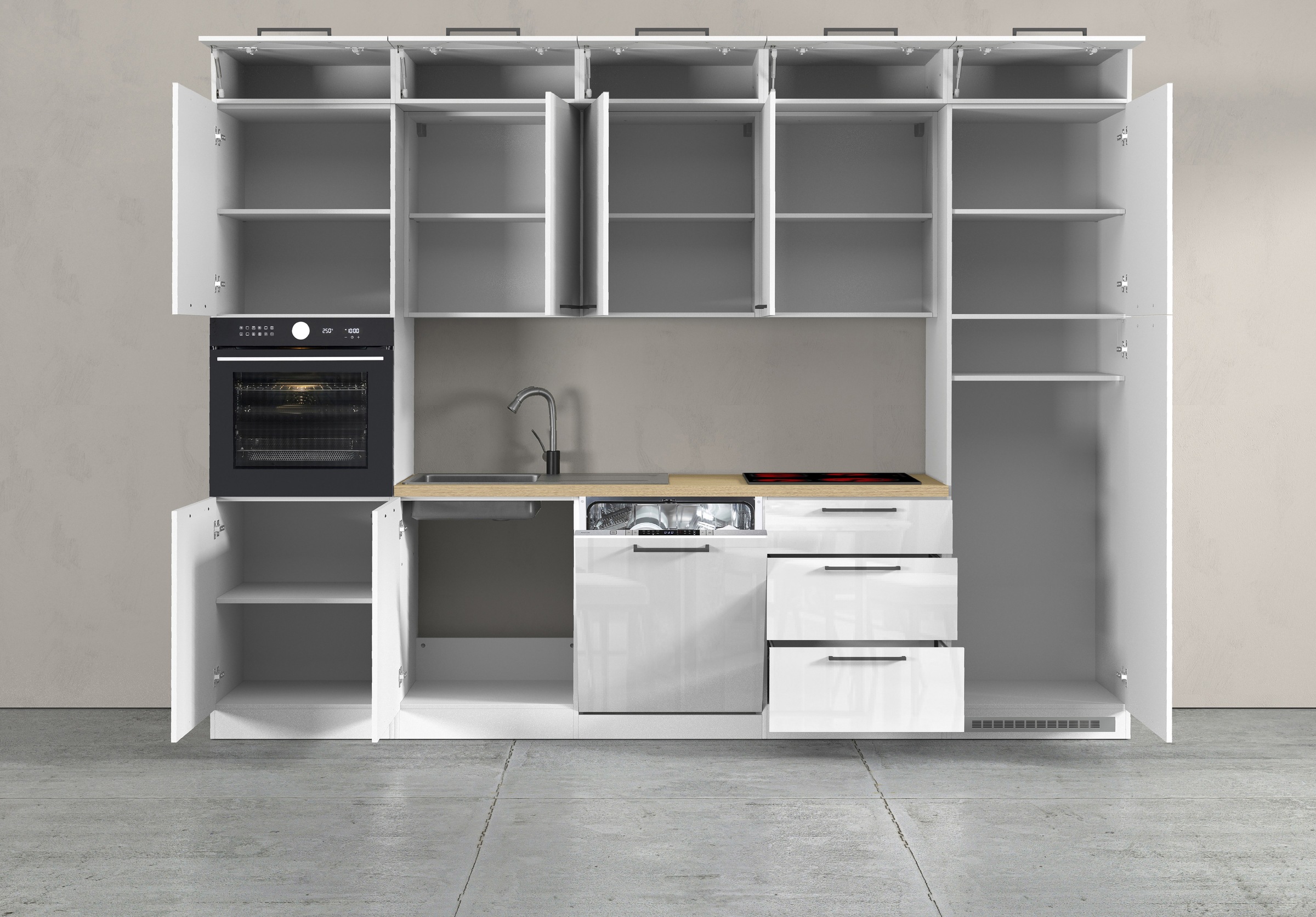 KOCHSTATION Küchenzeile »Luna, Einbauküche, Zeilenküche, mit Soft-Close Funktion, Made in Italy« Breite 300 cm ohne E-Geräte, mit Spüle+Siphon und Aufsatz