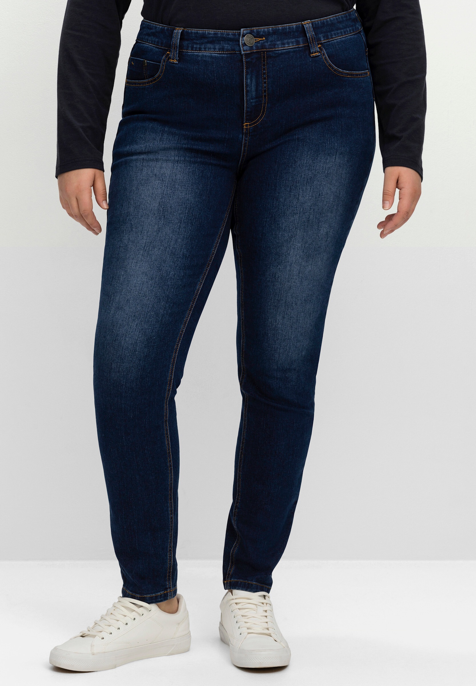 Sheego 5-Pocket-Jeans »Stretch-Jeans Skinny Jeans mit bequemer Taille« für sehr schmale Beine und mehr Bauch