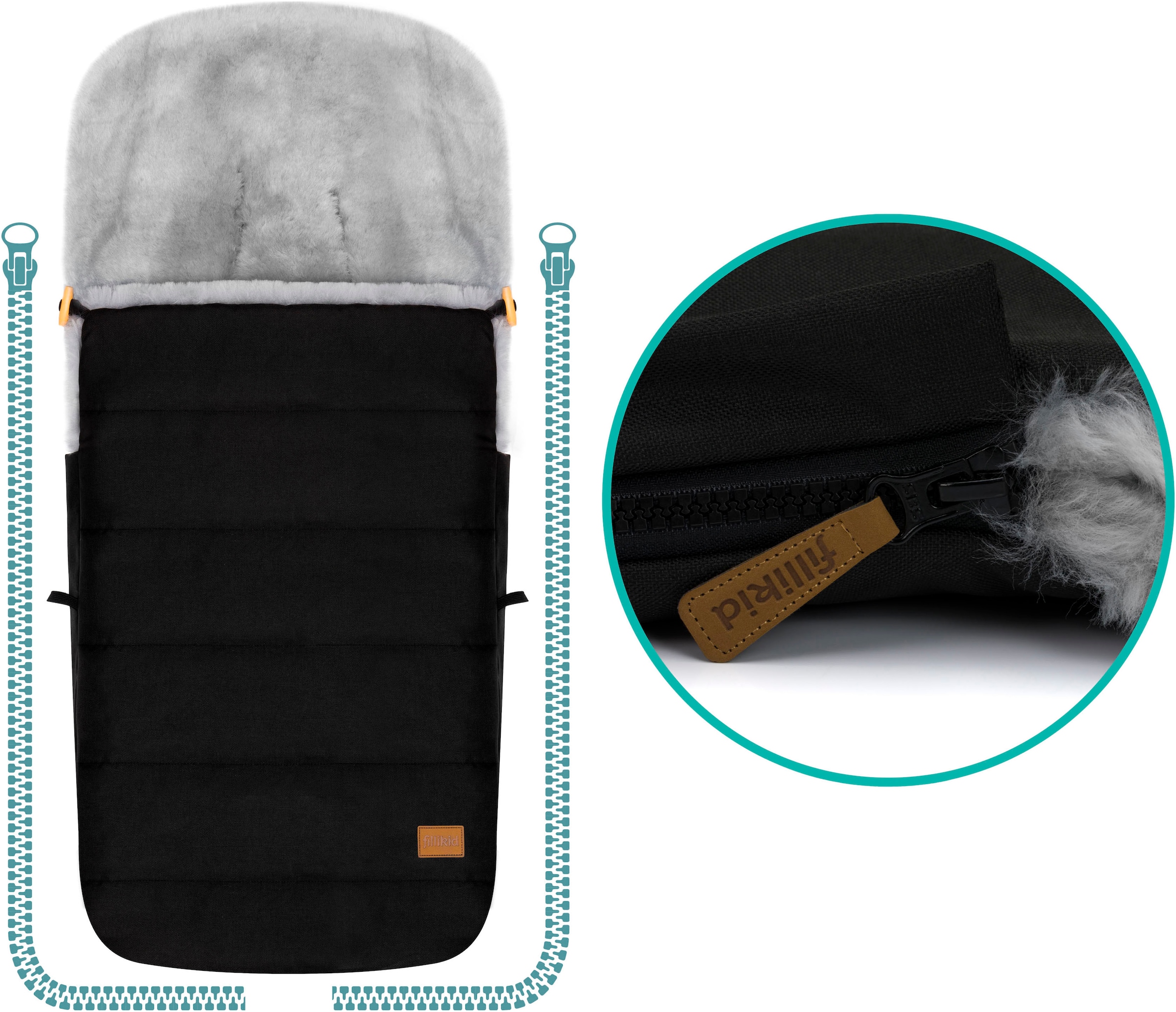 Fillikid Fußsack »Bernina Alpina, schwarz, Lammfell grau, Winterfußsack«