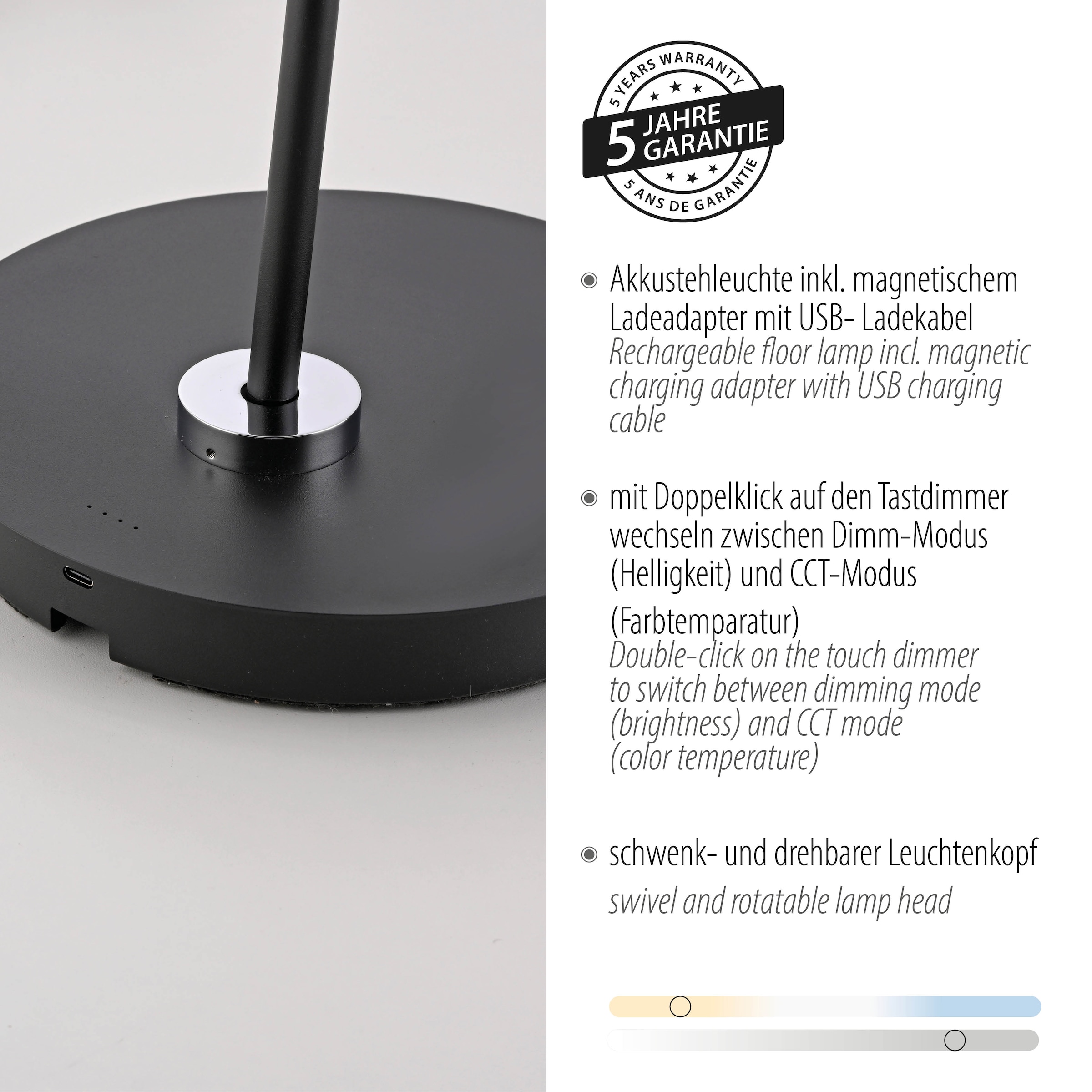 Paul Neuhaus LED Stehlampe »AKKU BENTE« LED-Board 1 Stk. warmweiß - kaltweiß Tastdimmer, CCT 2700-5000K, Memory, Akku betrieben, flexibel