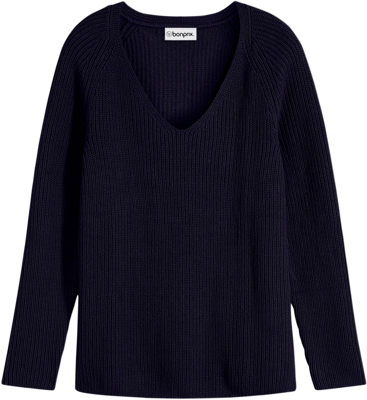 bonprix Strickpullover »Gerippter Pullover aus reiner Baumwolle« aus reiner Baumwolle, mit V-Ausschnitt, unifarben, lässige Passform