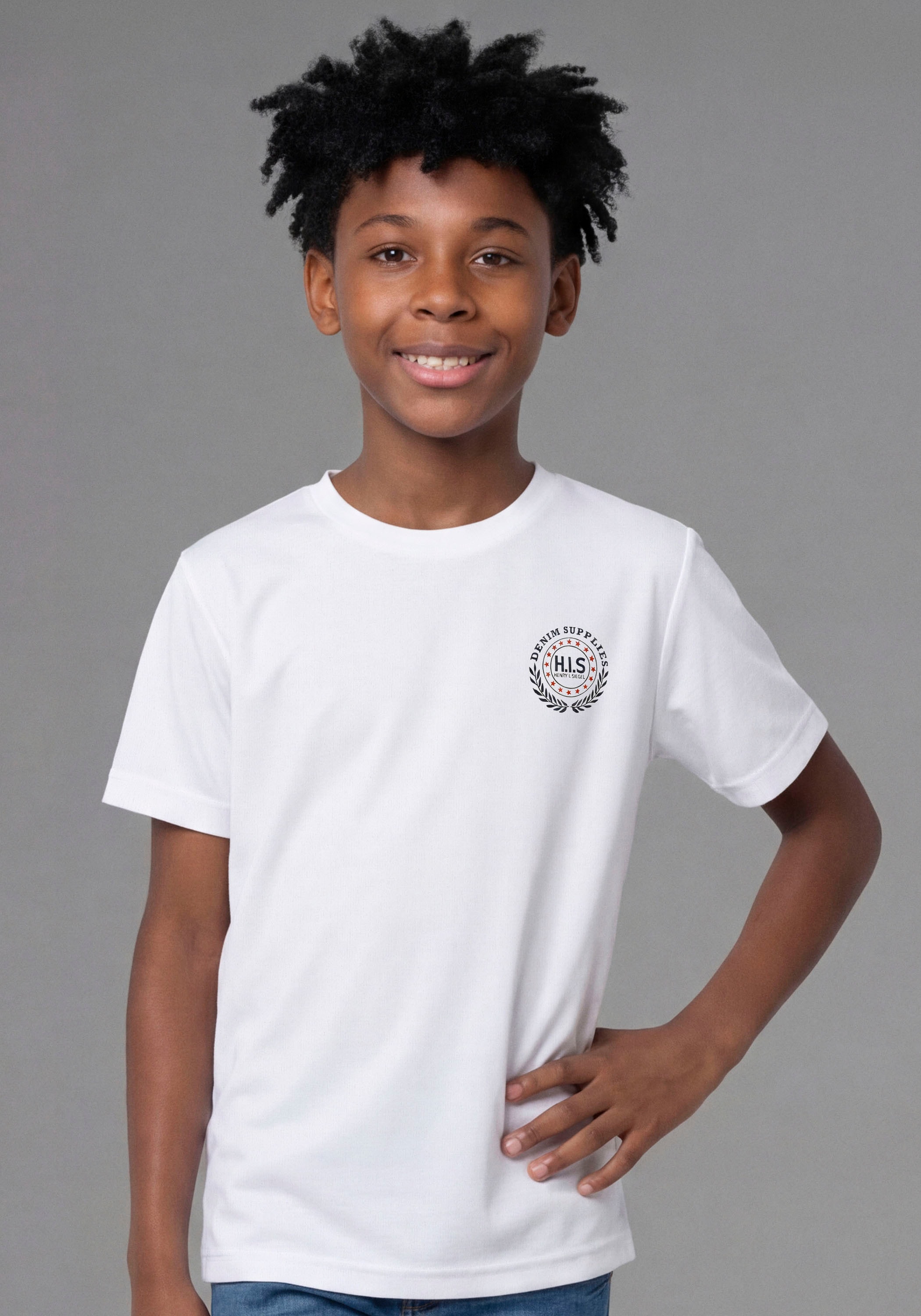 H.I.S T-Shirt »2er Pack T-Shirts mit Logodrucken für Jungen« Packung, 2, 2 tlg. Basic Schnitt, kurze Ärmel, bedruckte Optik, Logodrucke