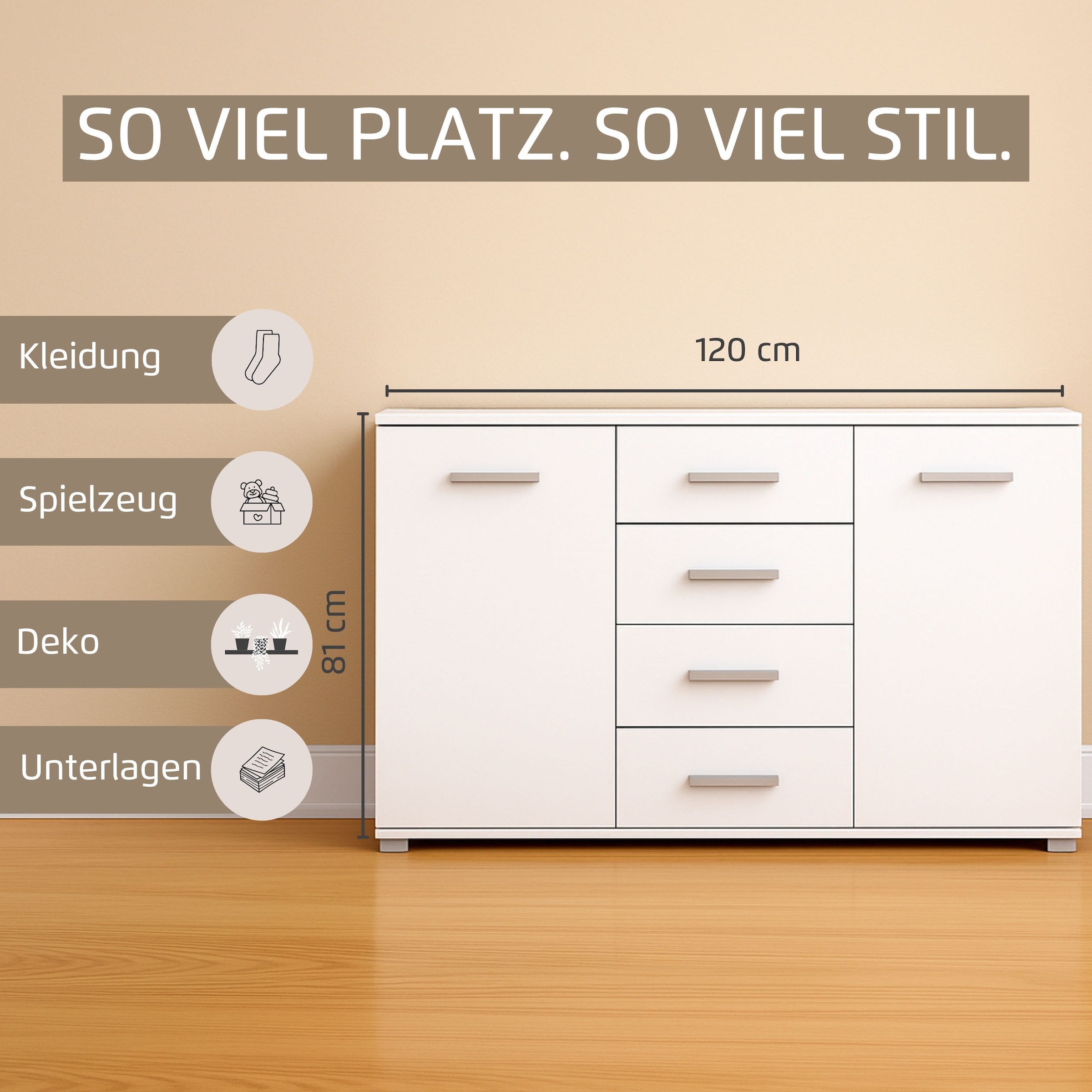 rauch Schubkastenkommode »Sideboard Kommode Kombikommode KOLUNA mit Dekorfront« Breite 120 cm mit moderner Dekorfront,  vier große Schubladen, mit insgesamt 4 Einlegeböden MADE IN GERMANY