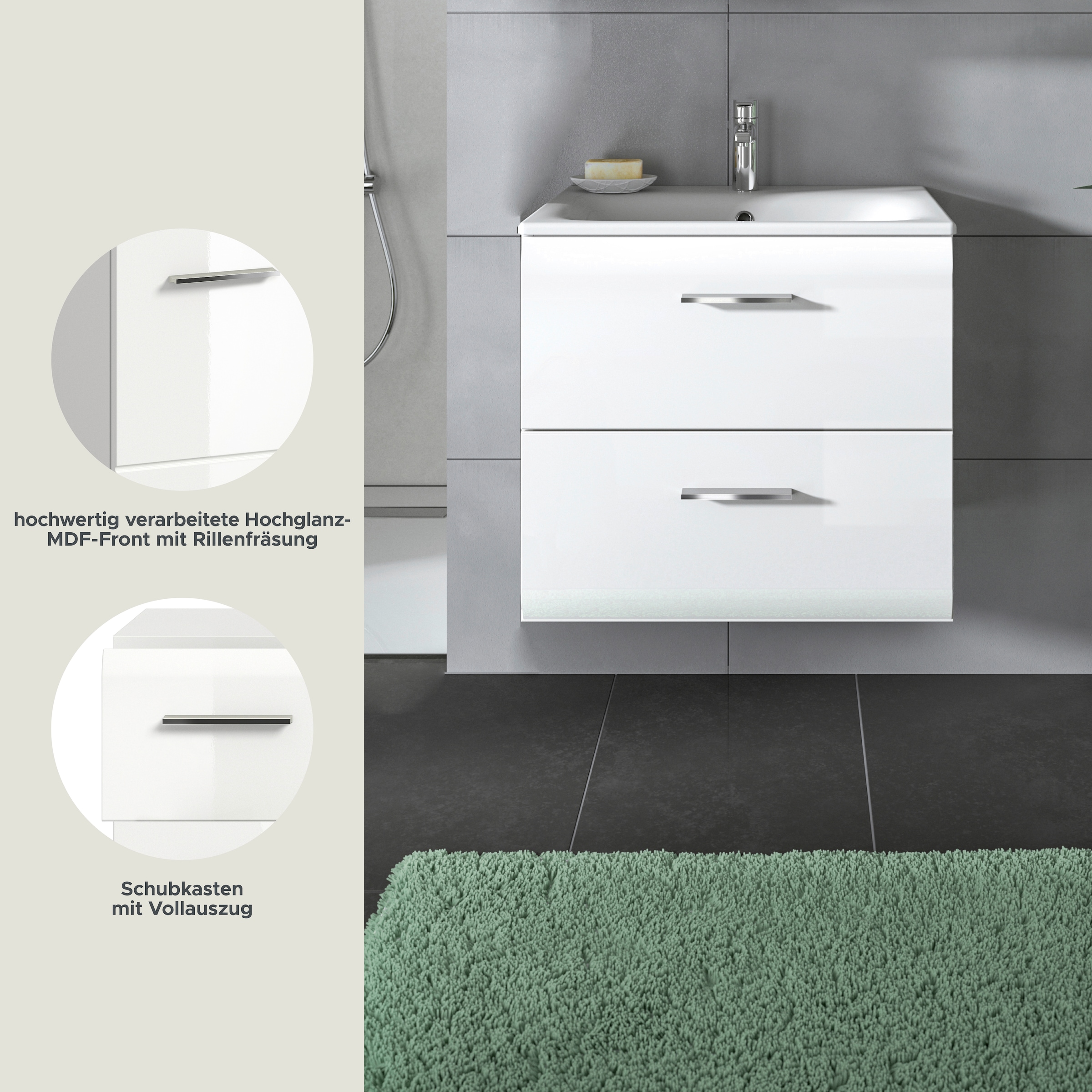 INOSIGN Waschbeckenunterschrank 2 Stk. tlg. Florenz, Waschtisch inkl. Waschbecken, Weiß Hochglanz Tiefzieh