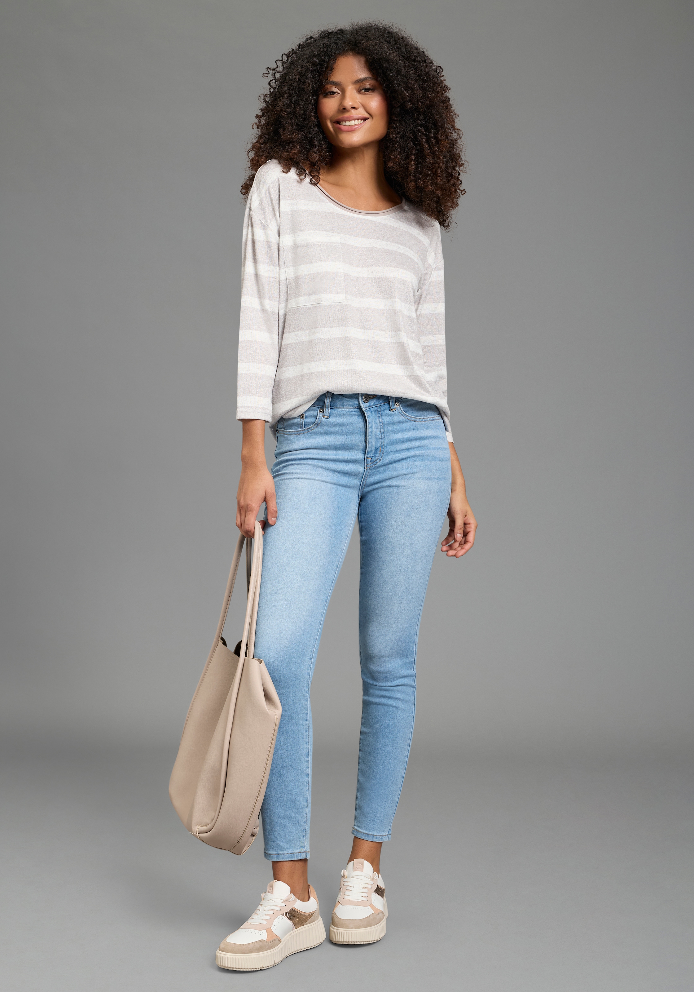 Laura Scott Streifenpullover leichter Übergangspullover mit seitlichem Schlitz und Tasche