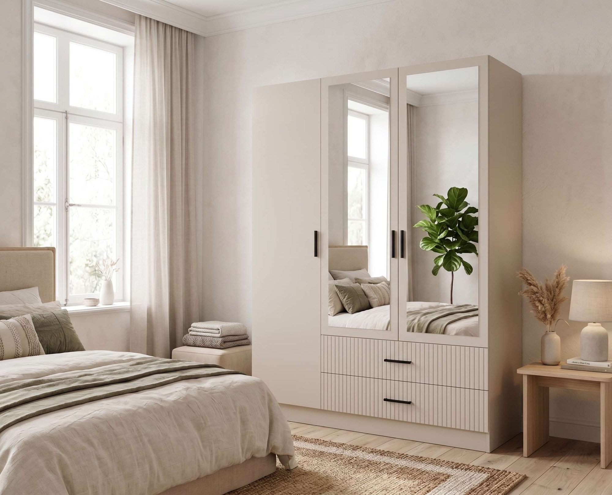 OTTO home Kleiderschrank »TERRIK,  modern mit viel Stauraum & geriffelter Struktur, Spiegel« B/H/T ca.  150/200/60 cm,  Garderobe mit 6 Fächern, Kleiderstange, 2 Schubladen, Made in EU
