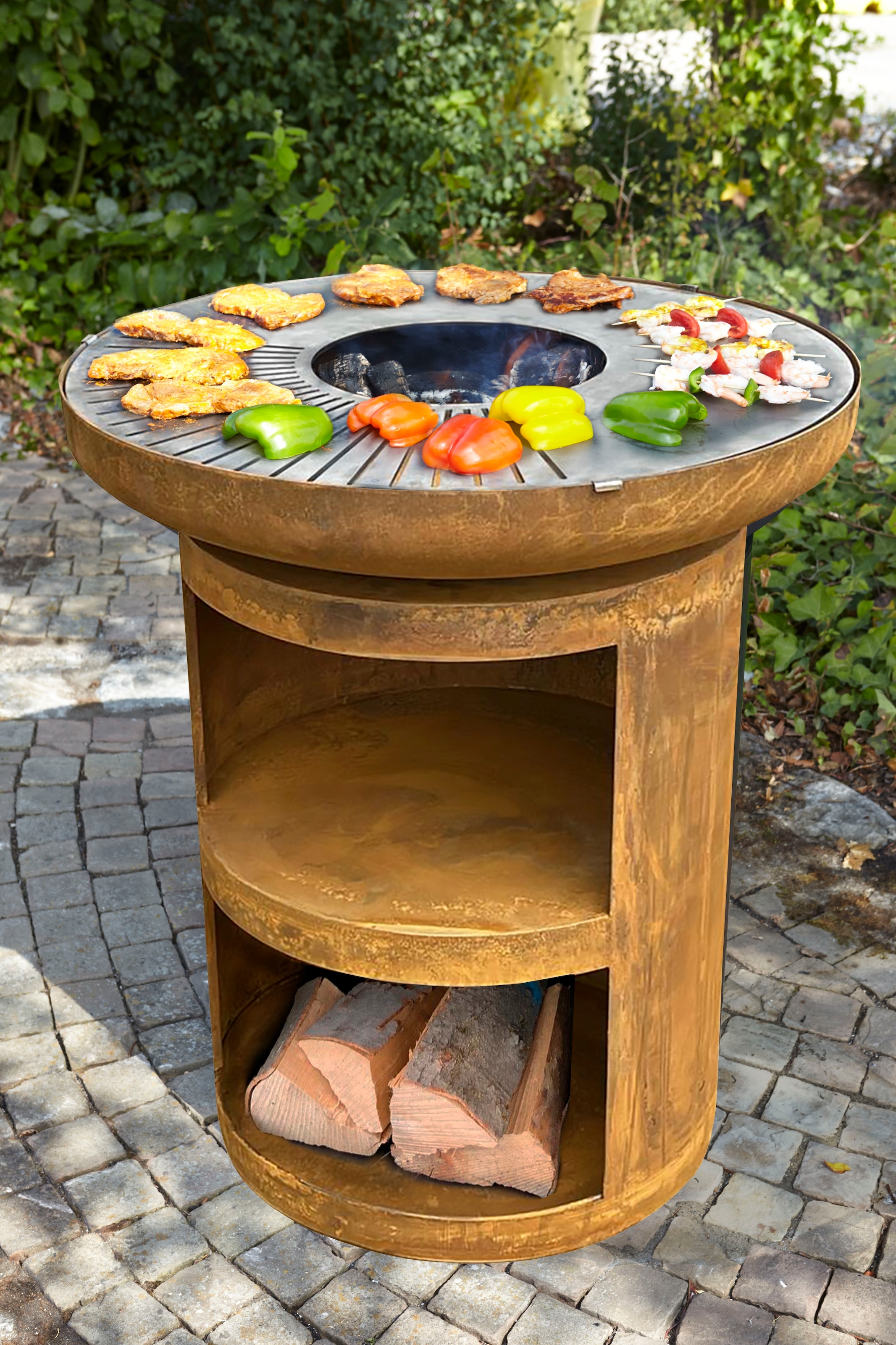 Buschbeck Holzkohlegrill »Karuk«, ØxH: 80x98 cm, Plancha-Grill mit Rostoptik und Edelstahl-Grillring
