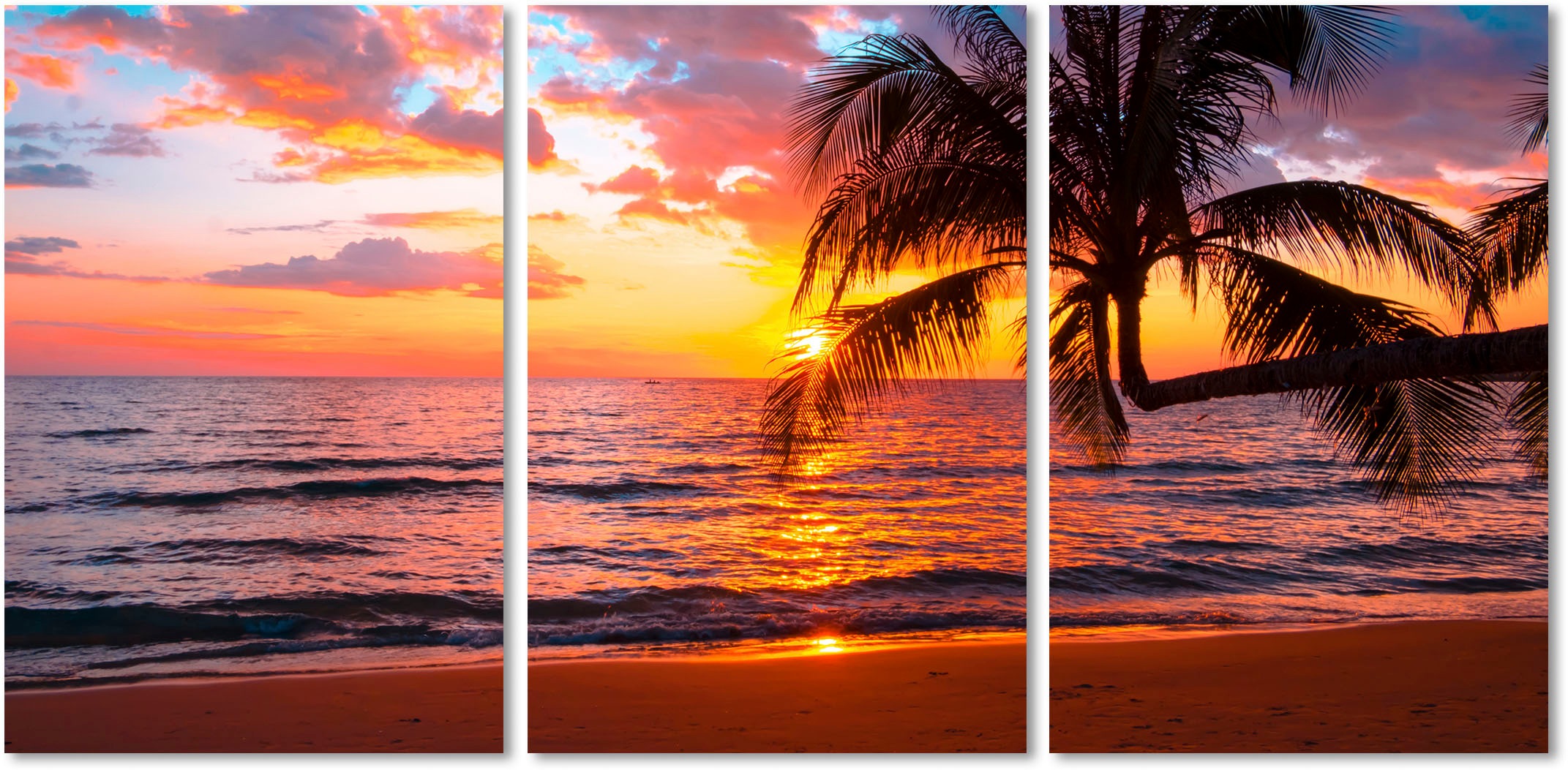 queence Acrylglasbild »Paradise Beach 3-teilig«, Strand-Kunst-Palmen-Sonnenaufgang & -untergang-Spa-Spa Bilder-Meer-Meer Bilder, (1 St.), Fine Art-Print in Galeriequalität