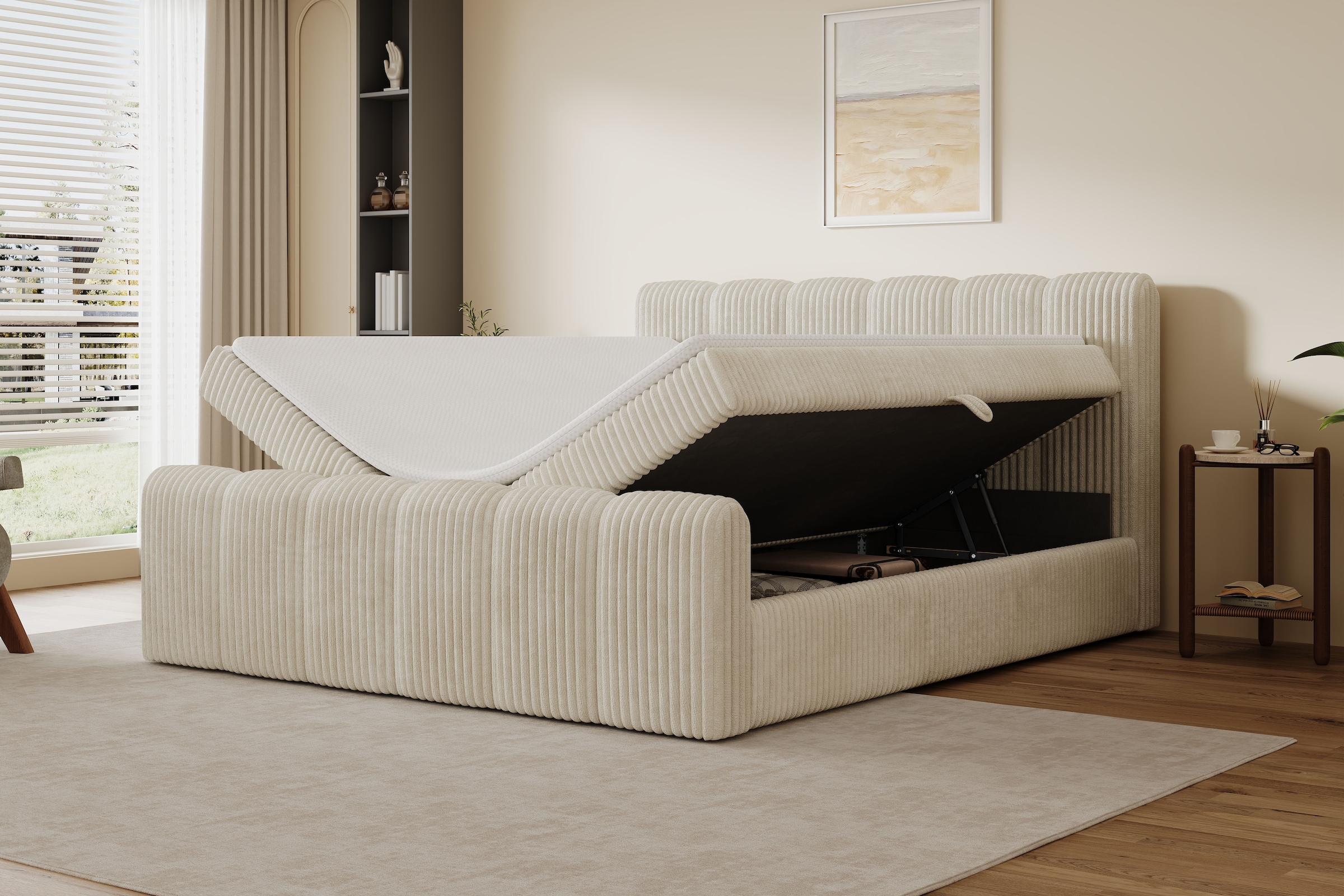 OTTO home Boxbett »SIVVA, Polsterbett mit Bettkasten, inkl. Taschenfederkernmatratze H3« mit Kaltschaumtopper, flauschiger Breit-Cord-Bezug, 180x200 cm