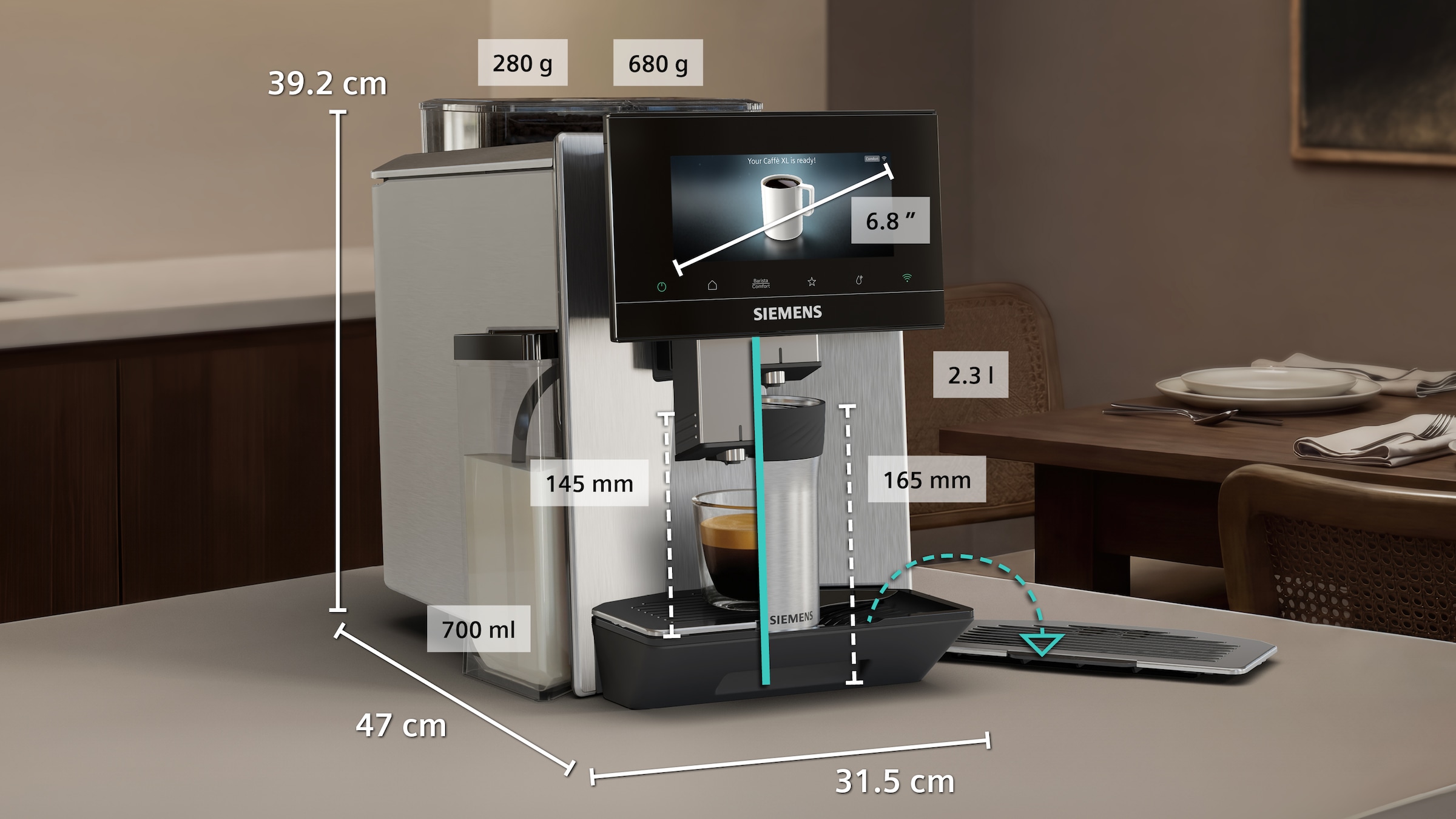 SIEMENS Kaffeevollautomat »TQ927E03« farbiges 6.8'' TFT-Display, individuelle Aromaeinstellung, Edelstahl