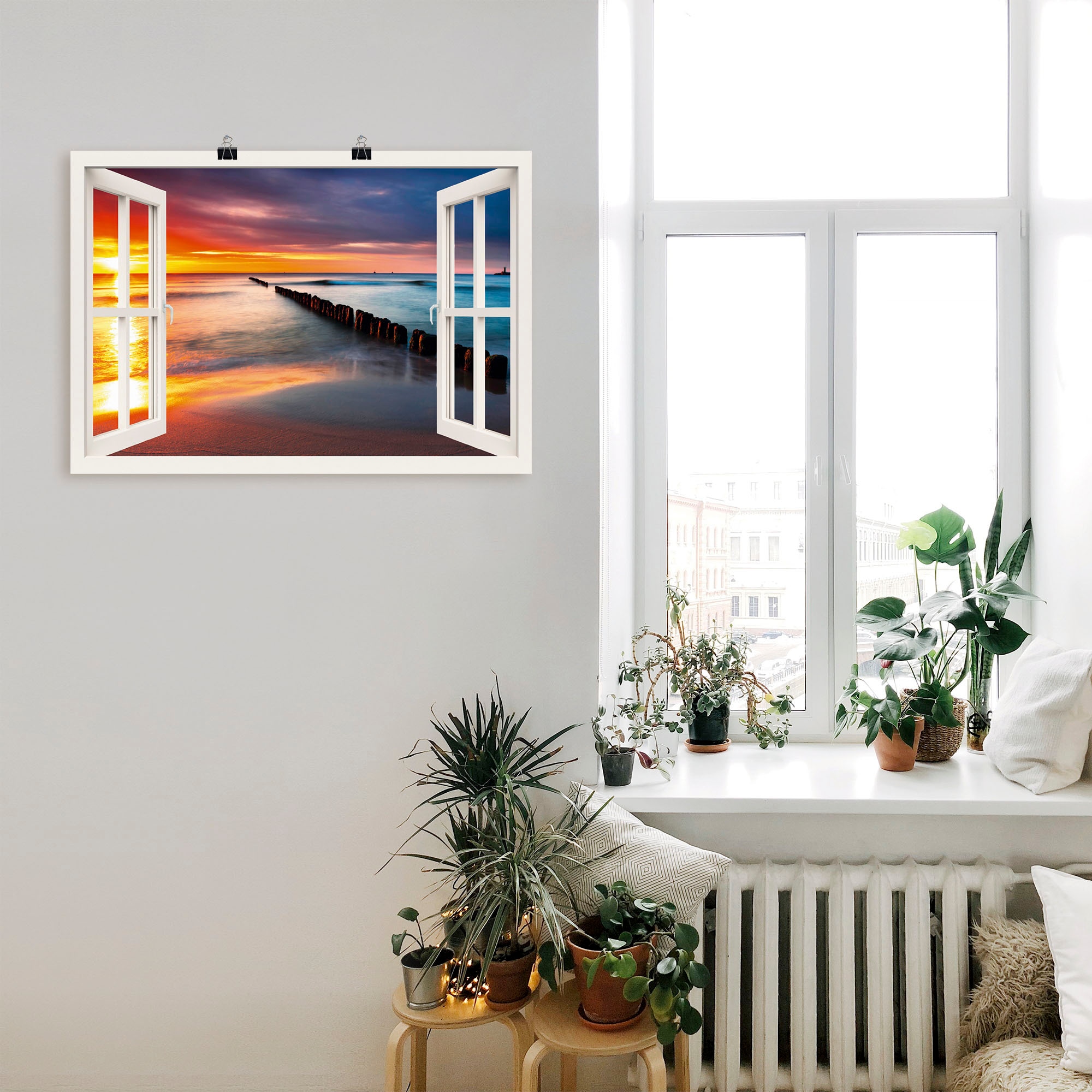 Artland Wandbild »Fensterblick Ostsee mit Sonnenaufgang«, Fensterblick, (1 St.), als Leinwandbild, Wandaufkleber oder Poster in versch. Größen