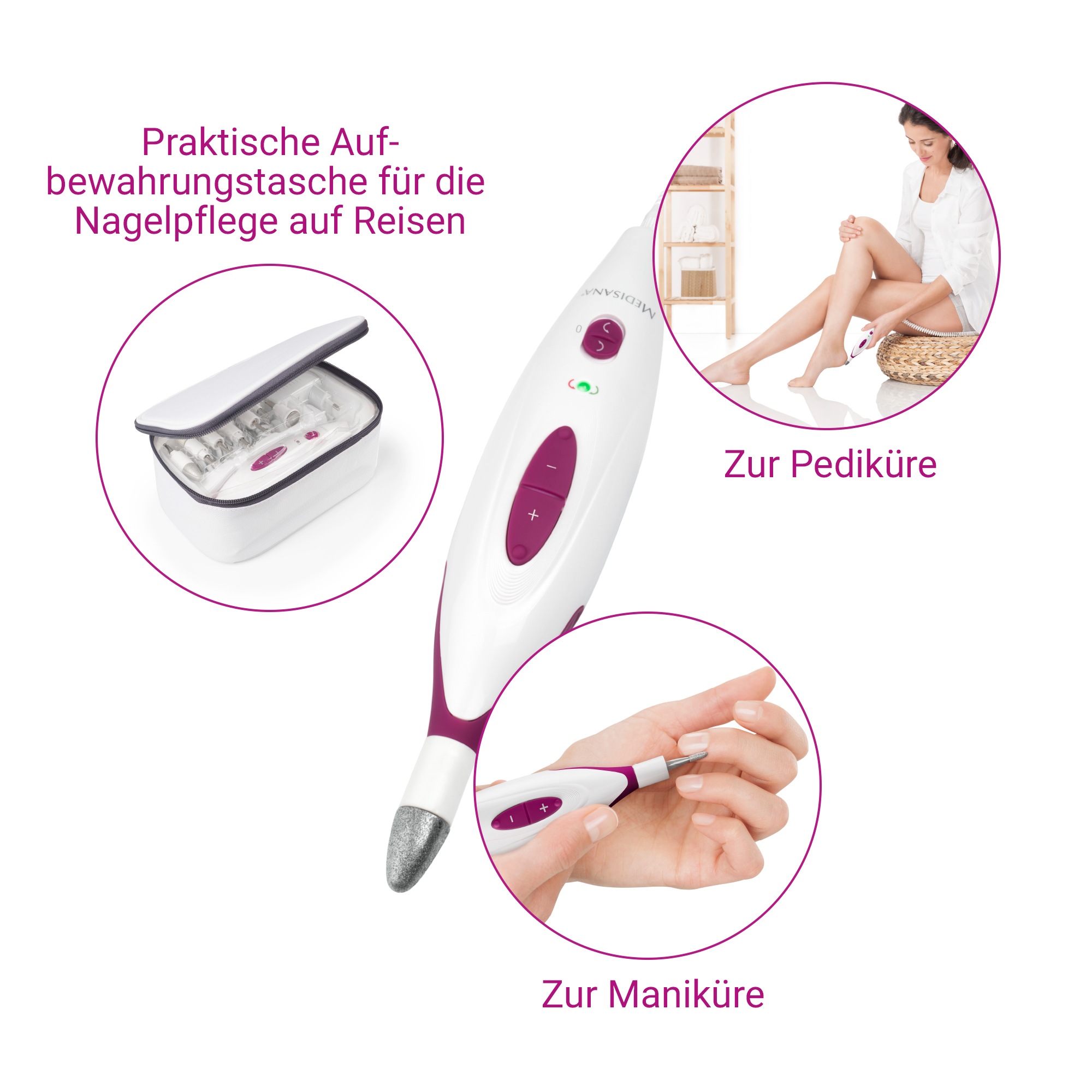 Medisana Maniküre-Pediküre-Set »MP 815«, für Nägel, Nagelhaut u. Hornhaut, 2 Stufen, Links-/Rechtslauf,Aufsätze