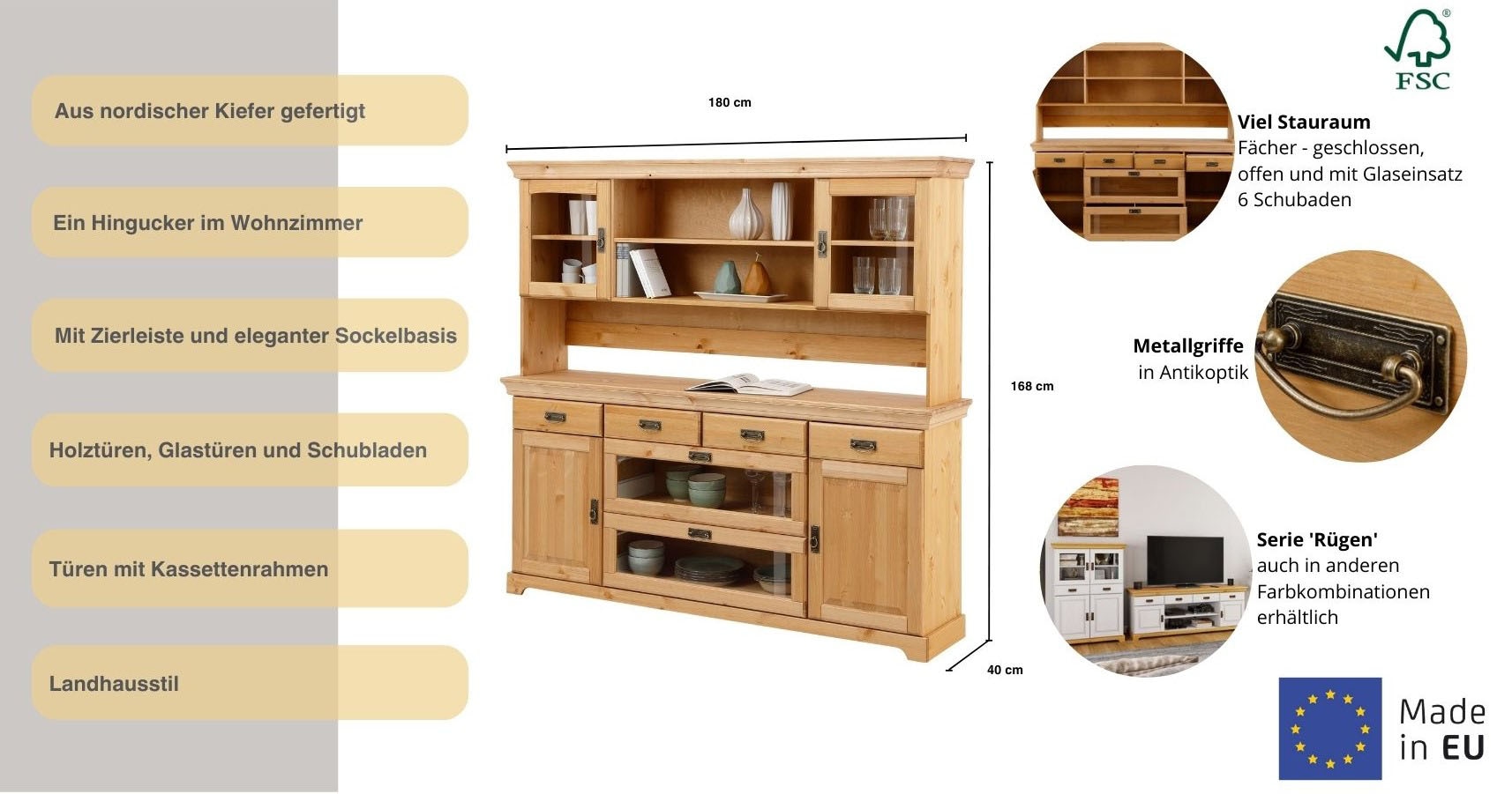 Home affaire Buffet »Rügen«, FSC® zertifiziertes Massivholz, im Landhausstil
