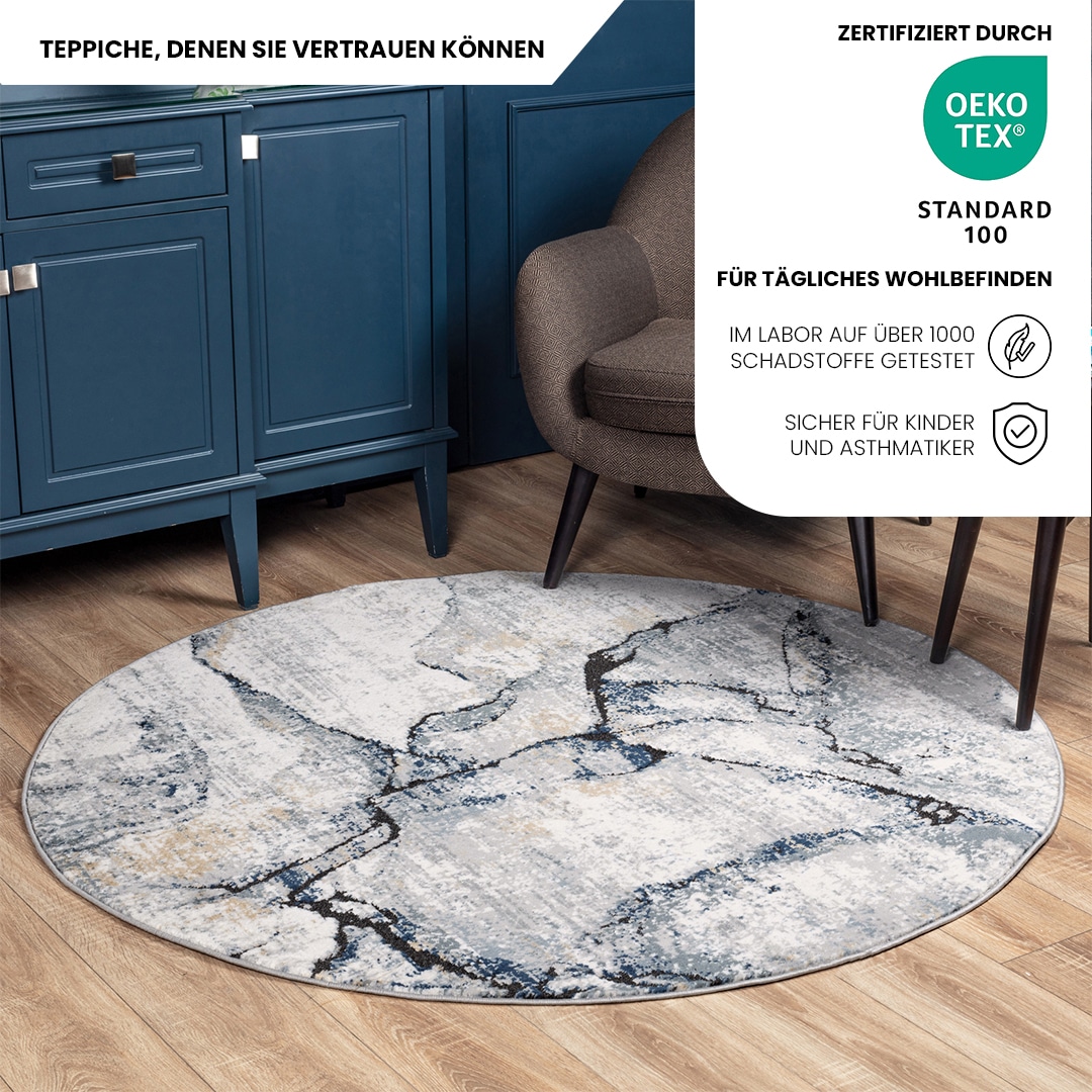 Livabliss Teppich »BERLIN, ⌀160cm«, rund, 10 mm Höhe, Moderner Designerteppich in Marmor Optik, Kurzflor Wohnzimmerteppich